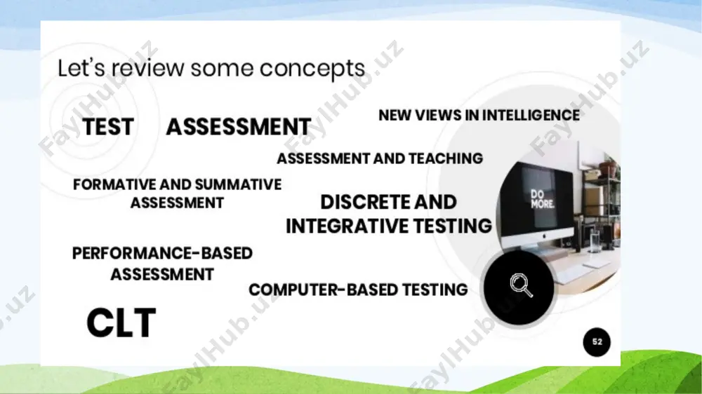 icular kind of assessment which focuses on eliciting a specific sample of performance. the implication of this is that in designing a test we construct specific tasks that will elicit performance from which we can make the inferences we want to make about the characteristics of students, groups or individuals. there are different sorts of testing, including: achievement testing. communicative testing. competence testing. diagnostic testing. integrative testing. performance testing. progress testing. proficiency testing. psychometric testing for whom are tests important? for almost all the people involved in the education process: the learner who wants to know how well s/he is doing, and also wants the 'piece of paper for professional and education purposes. the teacher wants to know how the learner is progressing and whether and how well s/he herself is succeeding in his job the parents, who want to make sure that they’re getting their money’s worth educational authorities …