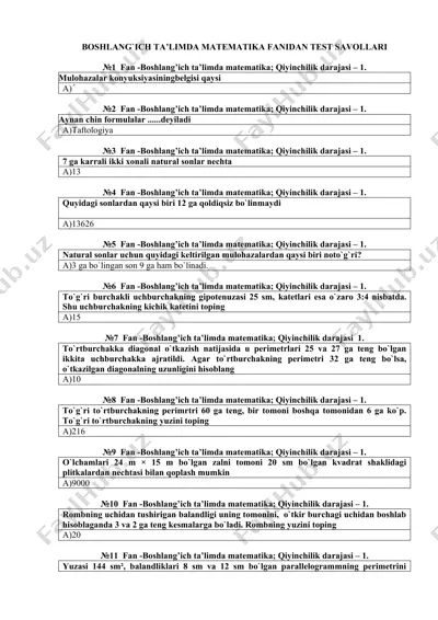 boshlang`ich ta’limda matematika fanidan test savollari — DOC