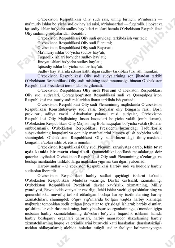 y majlisi palatalari qarorlarining, o‘zbekiston respublikasi prezidenti farmonlari, qarorlari va farmoyishlarining, hukumat, mahalliy davlat hokimiyati organlari qarorlarining, o‘zbekiston respublikasi davlatlararo shartnomaviy va boshqa majburiyatlarining o‘zbekiston respublikasining konstitutsiyasiga muvofiqligini aniqlaydi; o‘zbekiston respublikasining prezidenti tomonidan imzolanguniga qadar o‘zbekiston respublikasi konstitutsiyaviy qonunlarining, o‘zbekiston respublikasi xalqaro shartnomalarini ratifikatsiya qilish to‘g‘risidagi o‘zbekiston respublikasi qonunlarining o‘zbekiston respublikasining konstitutsiyasiga muvofiqligini aniqlaydi; qoraqalpog‘iston respublikasi konstitutsiyasining o‘zbekiston respublikasining konstitutsiyasiga, qoraqalpog‘iston respublikasi qonunlarining o‘zbekiston respublikasining qonunlariga muvofiqligi to‘g‘risida xulosa beradi; o‘zbekiston respublikasining konstitutsiyasi va qonunlari normalariga sharh beradi; o‘zbekiston respublikasi oliy sudining muayyan ishda qo‘llanilishi lozim bo‘lgan normativ-huquqiy hujjatlarning o‘zbekiston respublikasining konstitutsiyasiga muvofiqligi to‘g‘risida sudlar tashabbusi bilan kiritilgan murojaatini ko‘rib chiqadi; konstitutsiyaviy sudlov ishlarini yuritish amaliyotini umumlashtirish natijalari yuzasidan har yili o‘zbekiston respublikasi oliy majlisi palatalariga va o‘zbekiston respublikasi prezidentiga mamlakatdagi konstitutsiyaviy qonuniylikning holati to‘g‘risida axborot taqdim etadi; o‘zbekiston respublikasining konstitutsiyasi va qonunlari bilan berilgan vakolati doirasida boshqa ishlarni ko‘rib chiqadi. konstitutsiyaviy sud konstitutsiyaviy sudlov ishlarini yuritayotganda boshqa sudlarning yoki …