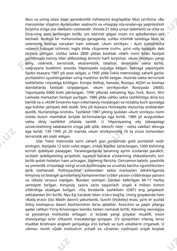tlarda «bogorodichiy sentr», «serkov ob’edineniya», «serkov isusa», «serkov novogo zavveta», «beloe bratstvo», «bojestvennыy orden pervogo angela» kabi o‘nlab diniy sektalar noqonuniy ravvishda faoliyat olib bormoqda. «satanizm» deb ataladigan sekta ham keng tarqalgan. ayrim ma’lumotlarga ko‘ra, o‘ta xavvfli bo‘lgan bu sektaning rossiyada 100 ming, er yuzida 5 milliondan ortiq tarafdorlari bor. ular aholining diniy bilimlari pastligidan foydalanib, oxiratning yaqinligi bilan qo‘rqitish hamda asosan yoshlar va moddiy ahvoli nochor bo‘lganlar ichida ish olib borish yo‘li bilan o‘z tarafdorlarini ko‘paytirishga harakat qilmoqdalar. 137 bunday sektalarga asos solgan «avvliyo»lar o‘z izdoshlarini aldash yo‘li bilan ularning mol-mulklariga egalik qilishga urinmoqdalar. yashirin faoliyat olib borishi, sekta ichida bo‘layotgan voqealarning ko‘pchilikka ma’lum bo‘lib qolmasligining qattiq nazorat qilinishi, ular faoliyatidan jamoatchilikning bexabar qolishini keltirib chiqarmoqda. jahon xristianlarini birlashtirish yo‘lidagi muqaddas ruh assotsiatsiyasi («assotsiatsiya svyatogo duxa za ob’edinenie mirovogo xristianstva» (asdomx) bo‘lib, «mun san men birlashtirish cherkovi», «birlashtirish harakati», «munchilar» («munistы») kabi nomlar bilan ham ataladi. birlashtirish cherkovi (bch) …
