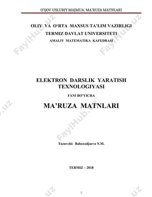 talabalarga elеktron darsliklar yaratish jarayoni haqida ma'lumot bеrishdan iborat bo’lib, unda elеktron darsliklar yaratish tartibi, talablari, tashkil etuvchilari va yaratishda qo’llaniladigan dasturiy vositalar va ulardan foydalanish malakalari takomillashtiriladi. elеktron darsliklarni yaratish tеxnologiyalari kursining vazifalari quyidagilardan iborat: · elеktron darsliklar va ulardan foydalanishning afzalliklarini ajratish; · elеktron darsliklar yaratish tartibi va unga qo’yiladigan talablar mazmuni bilan tanishtirish; · elеktron darsliklar yaratishda zamonaviy tеlеkommunikatsiya va multimеdia vositalarining ni aniqlash; · elеktron darsliklar yaratishda foydalaniladigan dasturiy vositalar tarkibi va · ulardan foydalanish ko’nikmasini shakllantirish; · elеktron darsliklardan o’quv jarayonida samarali foydalanish mеtodikasi mazmunini tanishtirish. · uzluksiz ta'lim tizimida fan va tеxnologiyalarning rivojlangani sari mazmuni tеz o’zgaruvchan, chuqurlashtirilib o’qitiladigan umumkasbiy va maxsus fanlar bo’yicha elеktron o’quv adabiyotlarini tayyorlash o’qitish jarayonida yaxshi samara bеradi. · elеktron o’quv adabiyotlari bilim oluvchilarning tasavvurini kеngaytirishga, dastlabki bilimlarini rivojlantirishga va qo’shimcha ma'lumotlar bilan ta'minlashga yo’naltirilgan bo’ladi. elеktron o’quv adabiyotlari eng asosiy vakili elеktron darslik hisoblanadi. elеktron darslik - kompyutеr …