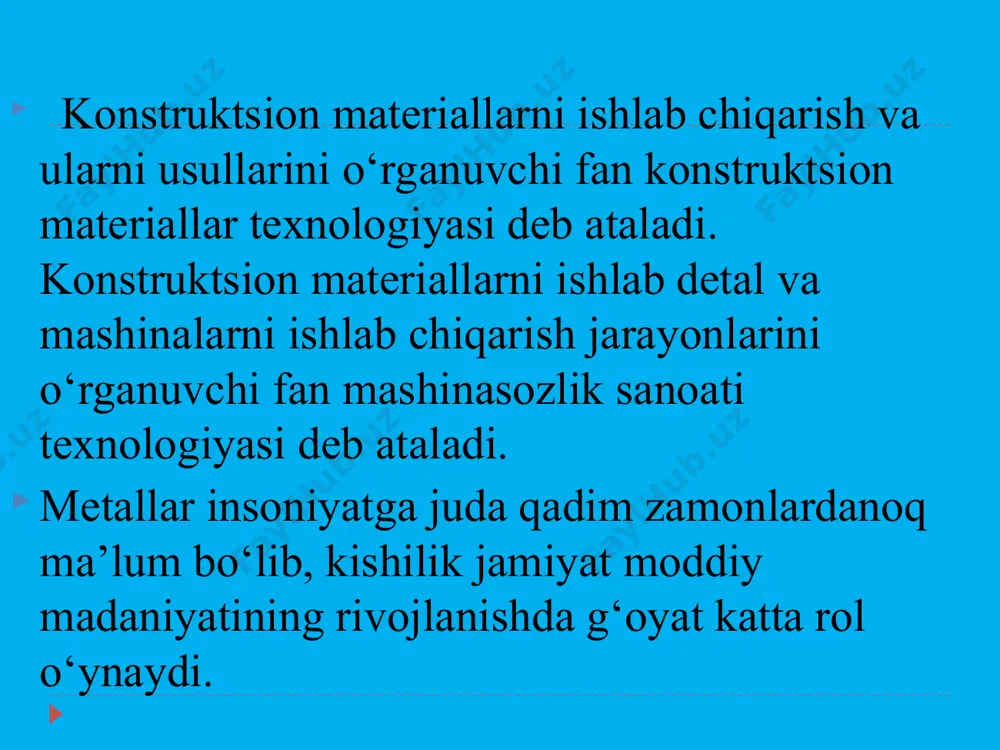 magnitaviy xossalari va boshqa shu kabi xususiyatlari kiradi. ximiyaviy xossalari. ximiyaviy jarayonlar natijasida material ximiyaviy tarkibining o‘zgarishi ximiyaviy xossalarni ifodalaydi. texnologik xossalari. materiallarning sovuqlayin yoki qizdirilgan xolda turli texnologik ishlovlar, ya’ni quyish, bolg‘alash, payvandlash, kesib ishlashga moyilligi, ularning texnologik xossalari deyiladi. materiallarning texnologik xossalarini zagotovkalarni olish bo‘limida batafsil ko‘rib chiqiladi. * davomi materiallarning mexanikaviy xossalari. materiallarning tashqi kuchlar ta’siriga qarshilik ko‘rsata olish xususiyati uning mexanikaviy xossasi deyiladi. materiallarning asosiy mexanikaviy xossalariga uning , ψ, σv, hv, kc lar kiradi. amalda materiallarning bu mexanikaviy xossalari gost asosida sinab aniqlanadi. metall va qotishmalarning cho‘zilishdagi mustaxkamligi (puxtaligi ) metall va qotishmalarning turli kuchlar ta’sirida deformatsiyalanishiga yoki sinishga qarshilik ko‘rsata olish xususiyati uning mustaxkamligi deb ataladi. davlat standarti 149-84 ga ko‘ra namuna tayyorlanadi: сho‘zilishdagi mustaxkamligini aniqlashda uzish mashinasidan foydalaniladi. namunani cho‘zilishga sinash vaqtida shu namuna uzunligining va ta’sir ettirilayotgan kuchining o‘zgarishini diagramma ravishda qayd qilib olamiz: * materiallarning polimorf va allatropiya xususiyatlari. polimorfizm - …