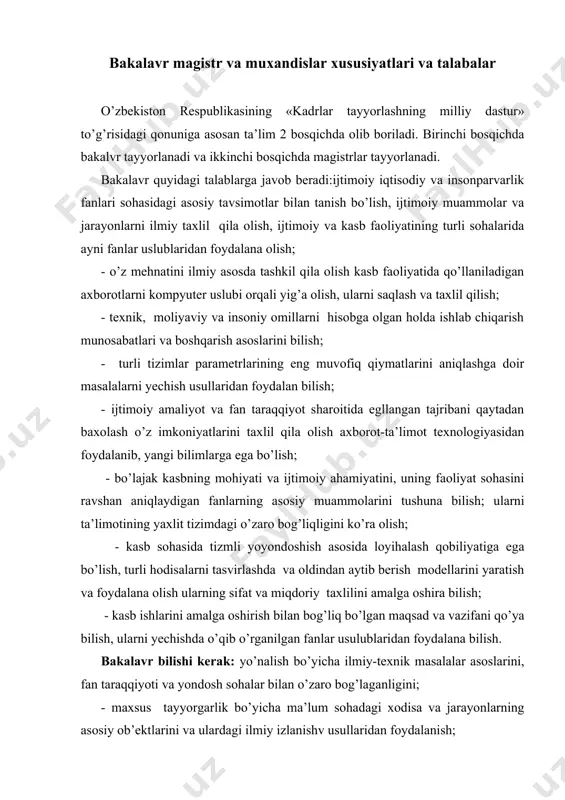 ’lgan maqsad va vazifani qo’ya bilish, ularni yechishda o’qib o’rganilgan fanlar usulublaridan foydalana bilish. bakalavr bilishi kerak: yo’nalish bo’yicha ilmiy-texnik masalalar asoslarini, fan taraqqiyoti va yondosh sohalar bilan o’zaro bog’laganligini; - maxsus tayyorgarlik bo’yicha ma’lum sohadagi xodisa va jarayonlarning asosiy ob’ektlarini va ulardagi ilmiy izlanishv usullaridan foydalanish; - texnik ob’ektlarga asosiy texnik-iqtisodiy talablar asosini ifodalay olish va mavjud ilmiy texnik vositalar yordamida ularni amalga oshirish. «transport vositalarini ekspluatatsiyasi» yo’nalishi bakalavri bazasida «avtomobillar va avtomobil xo’jaligi» mutaxassisligi bo’yicha magistr quyidagi mutaxassisliklar bo’yicha faoliyat ko’rsatishi mumkin: loyiha konsturktorlik: zamonaviy atk ni loyihasni ishlab chiqish, mavjud atkni ishlab chiqarish texnika bazasini qayta qurish, texnik qayta jihozlash, nostandart texnologik jihozlarni loyihalash, tayyorlash. tajriba-tadqiqot: atk da ishlab chiqarish texnika bazasini, tx va jt texnologik jarayonlarning, avtomobil transporti vositalarini (atv) ekspluatatsion ishonchliligini tadqiqot qilish; ishlab chiqarishni boshqarish: atv ni texnik ekspluatatsiyasi atk va nostandart jihozlarni loyihalarini ishlab chiqish, avtomobil transporti sohasida texnik ekspluatatsiyani boshqarish bo’limlariga rahbarlikk …