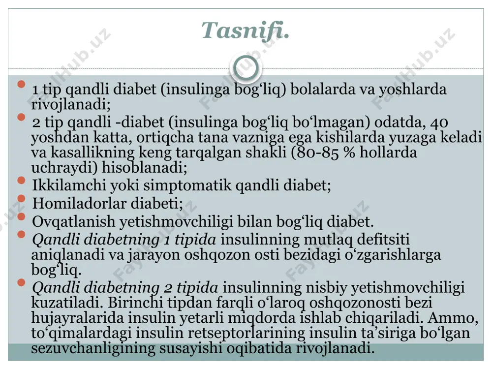 ib, unga bo‘lgan chidamlilik sinamasi o‘tkaziladi. ikki soatdan so‘ng qonda qand miqdori 11,01 mmol/1 (200 mg/% va yuqori) dan baland bo‘lsa qandli diabet tashhisini tasdiqlovchi belgi hisoblanadi. shuningdek, qondagi immunreaktiv insulin va glyukagon miqdori hamda s - peptidni aniqlash oshqozon osti bezining funksional holati haqida axborot beradi. sog‘lom kishida 4-6 % gemoglobin glyukoza bilan bog’langan holda bo‘ladi va u glikolizirlangan gemoglobin nomi bilan ataladi. ushbu ko’rsatkichning oshishi nafaqat qandli diabet tashhisini tasdiqlash balki kasallikning kompensatsiya davrini nazorat qilish va baholash uchun ham qo‘llaniladi. bundan tashqari, qandli diabetda maxsus oftalmologik tekshiruvlar o‘tkaziladi va buyraklarning funksional holati baholanadi. davolash. parhez 55-60%uglevod, 15-20%oqsil, 20-30%yog’lar mevalar, oqsilga boy mahsulotlar. maninil amaril diabeton glyurenorm insulinoterapiya qandli diabetning asoratlari va ularni davolash kechki yoki surunkali asoratlar diabetik ketoatsidoz bemor organizmida insulinning mutlaq yetishmovchiligi va unga qarshi gormonlarning (glyukagon, katexolaminlar, kortizol, o‘sish gormoni) ko‘payishi oqibatida rivojlanadigan yuqori giperglikemiya (300 mg/% va undan yuqori), giperketonemiya, tizimli atsidoz, elektrolitlar …