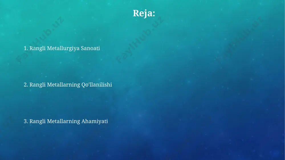 bi mamlakatlarda qazib olinadi va keyinchalik turli xil mahsulotlarni ishlab chiqarishda, shu jumladan, 1000 dan ortiq elektronika qurilmalarida ishlatiladi. qalay va uning qo'llanilishi oʻzbekiston kabi markaziy osiyo mamlakatlarida qalayning 5-10% miqdorida qoʻrgʻoshin bilan qotishmasi boʻyoqlar va himoya qoplamalarini ishlab chiqarishda muhim ahamiyatga ega. taxminan 200 ming tonna qalay jahon miqyosida konservalash sanoatida ishlatilib, oziq-ovqat mahsulotlarining saqlanish muddatini 2-3 baravarga uzaytiradi. rangli metallurgiya sanoatining iqtisodiyoti rangli metallurgiya sanoati, jahon bozorida 2022 yilda 300 milliard dollarlik hajmdan oshiq qiymatga ega bo'lib, o'zbekiston kabi mamlakatlarning iqtisodiyotiga sezilarli hissa qo'shadi. xitoy va hindiston kabi yirik iste'mol bozorlari rangli metallarga talabning 70% dan ortig'ini tashkil etib, uskunalar ishlab chiqarish va qurilish sohalariga kuchli ta'sir ko'rsatadi. rux va uning qo'llanilishi ruxning 65% dan ortiq qismi qotishmalar, masalan, latun (mis-rux qotishmasi) ishlab chiqarishda ishlatiladi, bu esa avtomobilsozlik va qurilish sohalarida keng qo'llaniladi. taxminan 20% rux korroziyaga chidamli qoplamalar, ya'ni galvanizatsiya jarayonida po'lat buyumlarni himoya qilish uchun ishlatiladi, …