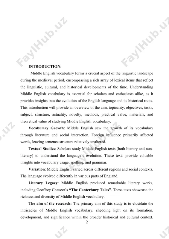 ’s “the canterbury tales”. these texts showcase the richness and diversity of middle english vocabulary. the aim of the research: the primary aim of this study is to elucidate the intricacies of middle english vocabulary, shedding light on its formation, development, and significance within the broader historical and cultural context. by examining the lexicon of this pivotal period, we aim to enrich our understanding of linguistic evolution and cultural exchange. the topicality of the work: the topicality of middle english vocabulary remains undeniably relevant, as it serves as the linguistic bedrock upon which modern english is built. exploring the lexical nuances of middle english allows us to trace the origins of contemporary vocabulary, unraveling the intricate tapestry of linguistic heritage and cultural exchange. the object of the research: - to analyze the characteristics and features of middle english vocabulary. - to explore the semantic shifts and word formation processes prevalent …
