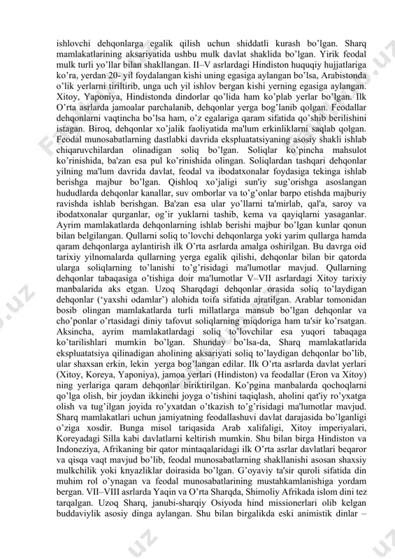 larida feodal munosabatlarning kelib chiqishi va rivojlanishi sezilarli darajada farq qilishini istisno etmaydi. feodal munosabatlarning ayrim ko’rinishlari quldorlik davrida ham uchraydi. eron va xitoydagi quldorlik tizimida yangi yo’nalish paydo bo’lib, u iqtisodiy va siyosiy hayotda uzoq davom etgan inqirozni keltirib chiqargan. shuningdek, ushbu mamlakatlarning ko’plab hududlarida tabaqalashuvgacha bo’lgan munosabatlar hukmron edi. hindistonda quldorlikning yuqori darajada rivojlangan yirik markazlari vujudga kelgan, ammo aholining katta qismi tabaqalashuvgacha bo’lgan jamiyatda yoki patriarxal qullik sharoitida yashagan. arabiston, koreya, yaponiya va hindixitoy yarim orolida feodal munosabatlar o’troq dehqonlar va chorvador qabilalarda vujudga kelgan. sharq katta yer egaligining o’ziga xos xususiyatlaridan biri – uning ko’p tartibliligi, patriarxalligi va qulchilik ko’rinishlarining uzoq saqlanganligida namoyon bo’ladi. qulchilik xitoyda imperator farmoni bilan 1911, efiopiyada 1942, saudiya arabistonida 1962- yilda rasman tugatilgan. bu holat ham bahslarga sabab bo’lmoqda. inoue kiyoshi (kiyoshi inoue ( 1913 yil 19 dekabr - 2001 yil 23 noyabr) - yaponiyalik akademik, tarixchi, muallif va kioto universitetining …