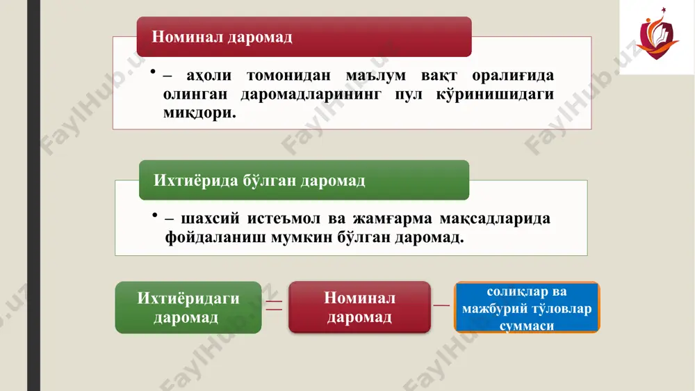 руҳ истеъмол савати тўпламига уй, автомашина, дала ҳовли, замонавий уй жиҳозлари, сайр қилиш ва болаларини ўқитиш имконияти, қимматли қоғозлар ва зебу зийнат буюмлари киради. турмуш тарзи – бу кишилар (жамият, ижтимоий қатлам, шахс)нинг миллий ва жаҳон ҳамжамиятидаги ҳаёт фаолияти тури ҳамда усулларини акс эттирувчи ижтимоий-иқтисодий категория. турмуш тарзи инсон ҳаёт фаолиятининг турли жиҳатларини қамраб олади, яъни: 1 меҳнат, уни ташкил этишнинг ижтимоий шакллари; 2 турмуш ва бўш вақтдан фойдаланиш шакллари; 3 сиёсий ва ижтимоий ҳаётда иштирок этиш; 4 моддий ва маънавий эҳтиёжларни қондириш шакллари; 5 кишиларнинг кундалик ҳаётдаги хулқ-атвори меъёрлари ва қоидалари. 24 2. даромадлар тенгсизлиги ва унинг даражасини аниқлаш дунёдаги барча мамлакатлар аҳоли жон бошига тўғри келадиган ўртача даромадлар даражаси билан бир-биридан кескин фарқланади. бу турли мамлакатлар аҳолисининг даромадлари даражаси ўртасида тенгсизлик мавжудлигини билдиради. шу билан бирга алоҳида олинган мамлакатлар аҳолисининг турли қатлам ва гуруҳлари ўртача даромадлари даражасида ҳам фарқ мавжуд бўлади. мамлакатнинг иқтисодий ривожланиши даражаси ҳам даромадларидаги фарқларни …