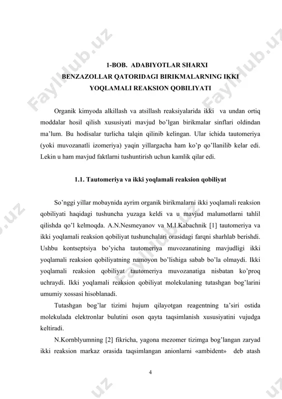 adabiyotlar ro’yhati . . . . . . . . . . . 37 ilova . . . . . . . . . . . . . . . . . . . . . . . . . . . . . . . . . . . . . . . . . 39 kirish mavzuning dolzarbligi. hozirgi kunda xalq xo’jaligining turli sohalarida qo’llanilayotgan prеparatlarning asosiy qismini organik moddalar tashkil etadi va ularga bo’lgan talab kun sayin ortib bormoqda. shuning uchun organik birikmalarni olishning samarali usullarini ishlab chiqish va ularni iqtisodiy jihatdan qulay bo’lgan manbalarini topish kimyo fanining oldida turgan muhim vazifalardan biri hisoblanadi. bеnzimidazol qatori birikmalar yuqori biologik faollikka ega. 2-holatda alkilkarbamat guruhi tutuvchi va gеtеrotsiklik qoldiq saqlovchi bеnzimidazollar aktiv fungitsidlardir. ular orasida olgin, mеdamin, albеndazol, furidiazol va boshqa ko’plab prеparatlarni kеltirish mumkin. bundan tashqari o’simliklarni o’stirishligi va natijada xosildorligini oshiruvchi rozalin prеparati ham bеnzimidazollar sinfiga …