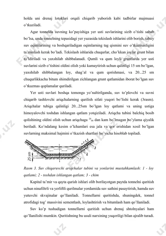 kirishi mumkin. bir izli tonnelni rekonstruksiya qilishda tonnel gumbazi, teskari gumbazi yoki obdelkasi butunlash qayta quriladi. gumbazni qayta qurish tog’ usulida yoki yarimqalqon usulida bajariladi. odatda, tonnellarni rekonstruksiya qilish ishlarining barchasi poyezdlar harakatini to’xtatmasdan jadvalda rejalashtirilgan “darcha” paytida amalga oshiriladi. ishlar tog’ usulida olib borilganda (4,a-rasm) ungur gumbazi uzunligi 3...5m bo’lgan chambaraklar ko’rinishida rekonstruksiya qilinadi. birinchi navbatda ikkitavrlardan iborat bo’lgan krujalalar o’rnatiladi. ularning orqasiga taxtali bog’lama (2) o’tkaziladi. agar tonnelning profili krujalalar o’rnatilgan so’ng belgilangan gabaritga to’g’ri kelmasa, unda krujalalar eski obdelkada hozirlangan shtrabalarga joylashtiriladi. krujalalar o’rnatib bo’lingandan so’ng shtolnya (5) ga o’tiladi va kalotta (4) kavlanadi. shtolnya va kalottaning o’lchamlari yangi obdelkaning profili bo’yicha belgilanadi. so’ngra ichki krujalalar o’rnatiladi va ularning orqasiga opalubka (3) o’tkaziladi. gumbaz tovondan boshlab qulfga qarab betonlanadi. yon bosimlari bo’lmagan turg’un gruntlarda gumbazni qurish uchun yarimqalqondan (10.4,b-rasm) foydalaniladi. bunda yarimqalqon eski obdelka devorlariga tayanadi. yarimqalqon yangi yig’ma obdelka (7) ni montaj qilish uchun kerakli jihoz …