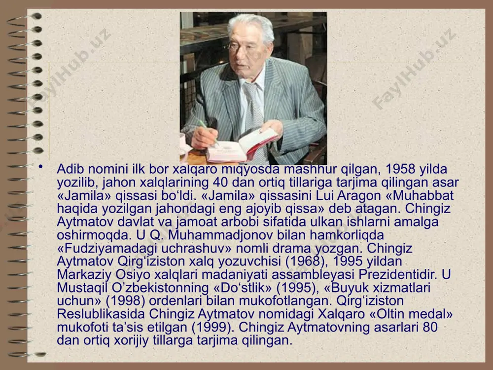 hun e’zozlashardi, bundan chiqdi, endi orqalaring uchun e’zozlashar ekan-da... sen manqurtsan! haqiqiy manqurt!...» degan), sobitjon, jo‘lamon, nayman ona, qozongap (uni dafn qilishga olib ketayotganda marhumning yonida uning kuyovi - oyzodantg eri o‘tiradi), abutolib quttiboev va zarifa (ular stshincha qatag‘on qurboni bo‘lganlar), oyzoda va boshq. chingizxon – tarixiy shaxs, o‘z davrining farzandi. chingiz aytmatov o‘z qahramonining tabiati, xarakteri bolaligidanoq shakllana boshlaganiga urg‘u beradi. chingizxon hali temuchin deb atalgan bolalik chog‘idayoq, boshqalardan o‘ch olishni, hammani og‘ziga qaratishni xush ko‘rardi. u suvdan tutilgan baliqni talashib, o‘zining ukasi bekterni o‘q-yoy bilan otib o‘ldirib qo‘yadi. yozuvchi qonxo‘r jahongir tabiatining ildizlarini ochib berishni maqsad qilib qo‘ygan. bolaligidanoq toshbag‘ir bo‘lib o‘sgan, hech kimga yaxshilik ravo ko‘rmaydigan kishidan ezgulik kutib bo‘larmidi? chingizxon ulkan jahongirlik janglariga ikki yil tayyorgarlik ko‘rdi. oilaviy qo‘shinlarga «jangu jadallar nihoyasiga yetmaguncha ayollar tug‘masin» degan qahrli farmon berildi. yangi qissaning badiiy ahamiyatini ko‘targan voqealardan e’tiborlisi — lashkarboshilardan biri, yuzboshi erdene bilan qo‘shin tug‘lariga gul tikadigan …