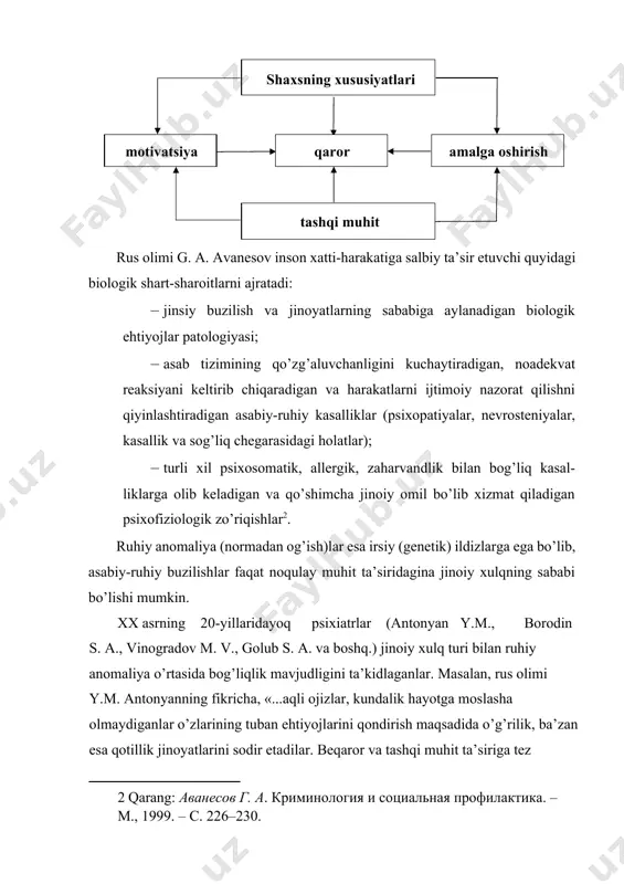 , tan jarohati yetkazish jinoyatlarini sodir etgan voyaga yetmaganlar sud-psixiatriya ekspertizasidan o’tkazilganda ularning har besh nafaridan uch nafarida aqli raso bo’lgan holda o’z jinoiy qilmishlariga yo’l ochuvchi turli anomaliya holatlari borligi aniqlangan. ichki ishlar organlarining tegishli xizmat sohalari hisobida turgan voyaga yetmaganlar sodir yetgan huquqbuzarlik[footnoteref:4]larning 23–43 % ni ruhiyatida turli darajadagi ruhiy kamchiliklar mavjud bo’lgan yoshlar amalga oshirganlar. jismoniy kuch ishlatish orqali og’ir turdagi jinoyat[footnoteref:5] sodir etganlarning umumiy miqdorida anomaliya holatlarining mavjudligi tahlil etilganda 33 % shaxslarda anomaliya holatlari, 19 % da markaziy asab tizimining organik jarohati, 18 % da bosh miya jarohati, 17 % da surunkali alkogolizm alomatlarining mavjudligi aniqlangan[footnoteref:6]. [4: huquqbuzarlik – jamiyatda o‘rnatilgan va qonun asosida belgilangan tartib yoki umuman ijtimoiy yashash qoidalarini buzish. o‘z xususiyatlariga ko‘ra huquqbuzarlik – jinoyat, nojo‘ya harakat, intizomni buzish shaklida bo‘ladi. ko‘p hollarda huquqbuzarlik qonunbuzarlik so‘zi bilan hamohang bayon etiladi. barcha huquqbuzarliklar jinoyat emas. shu bilan birga, qonunbuzarliklarning barchasi ham jinoyat bo‘lmasligi …