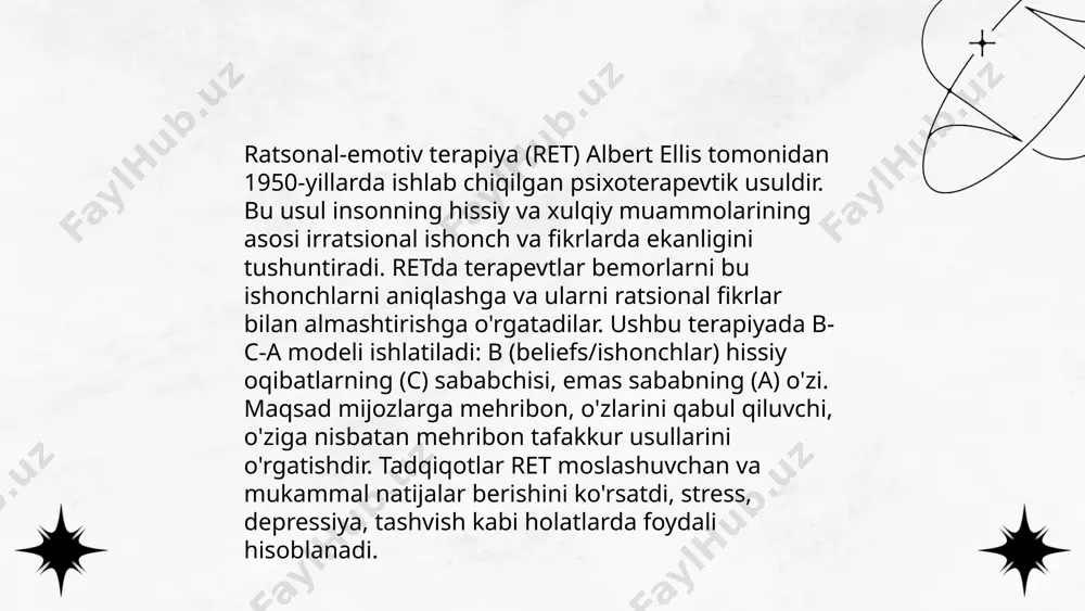 va ruhiy ko‘ngilsizliklarni keltirib chiqarishi mumkin. statistik ma'lumotlarga ko‘ra, o‘zbekiston aholisi orasida ruhiy salomatlik muammolari bilan yuzaga kelayotgan taqdirda, aholining 23% stress va xavotir belgilari bilan duch keladi. tadqiqotlar shuni ko‘rsatadiki, 67% yoshlar ijtimoiy tarmoqlardagi salbiy ma'lumotlar ta'sirida ruhiy tushkunlikka tushadi. shuningdek, noto‘g‘ri qarashlar va stereotiplar jamiyatda noto‘g‘ri tushunmalarga olib keladi. insonlarning 45% ortiq turli ijtimoiy bosimlar sababli ruhiy qo‘llab-quvvatlashga muhtoj. bu esa yangi avlodning ruhiy barqarorligini ta'minlashda muhim omil bo‘lib xizmat qilishi lozim. ... t.me/slaydai_bot emotiv va ratsional xatti-harakatlar insonning qaror qabul qilish jarayonida muhim rol o'ynaydi. emotiv xatti-harakatlar asosan hissiyotlar, intuitsiya va sub'ektiv tajriba asosida shakllanadi. masalan, qo'rquv yoki quvonch kabi hissiyotlar qarorlarimizga ishlarni bajarishda ta'sir ko'rsatishi mumkin. ratsional xatti-harakatlar esa mantiq, tahlil va ob'ektiv ma'lumotlarga asoslanadi. ushbu yondashuvda inson aniq faktlar, statistikalar va ilmiy dalillarni inobatga olib, qaror qabul qiladi. noto'g'ri vaqtda hissiyotlarni nazorat qila olmay qolish yoki ko'proq mantiqqa tayanish har ikkala yondashuvning salbiy tomonlari sifatida …