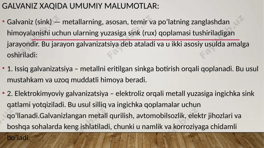 qoplamalari va qoʻshimcha qurbonlik anodlari kabi boshqa qoʻshimcha choralar qoʻllanilsa, galvanizli poʻlat koʻp oʻn yillar davom etishi mumkin. tuzsiz muhitda korroziya, asosan, havodagi oltingugurt dioksidi darajasidan kelib chiqadi. galvaniz ishlatilgan holati galvaniz qachon va km tarafdan topilganligi: jarayon italiyalik shifokor, fizik, biolog va faylasuf luidji galvani (1737 yil 9 sentyabr – 1798 yil 4 dekabr) sharafiga nomlangan. ruxlangan temirning eng qadimgi namunasi yevropaliklar tomonidan qirollik qurol-yarogʻ muzeyi kollektsiyasida 17-asr hind zirhlarida uchraydi. uning metal ustida ko'rinishi: galvanizatsiya – mijoz tanasida kontakt yoʻli bilan oʻrnatilgan tok oʻtkazuvchi elektrodlar yordamida doimiy tokning past kuchlanishi (60 v gacha) va kichik tok kuchi (30 ma gacha) bilan organ va toʻqimalarga taʼsir etishga asoslangan davolash usulidir. doimiy tokning toʻqimalarga kirib borishini uning elektr oʻtkazuvchanlik xossasi bilan aniqlanadi. u teriga, yogʻ toʻqimalariga va suyak toʻqimalariga deyarli kirib bormaydi va yuqori tok oʻtkazuvchanlikka ega boʻlgan toʻqimalardan (qon, limfa, hujayralar orasidagi suyuqlik, muskullar va b.q.) yaxshi oʻtadi. galvanizzi …