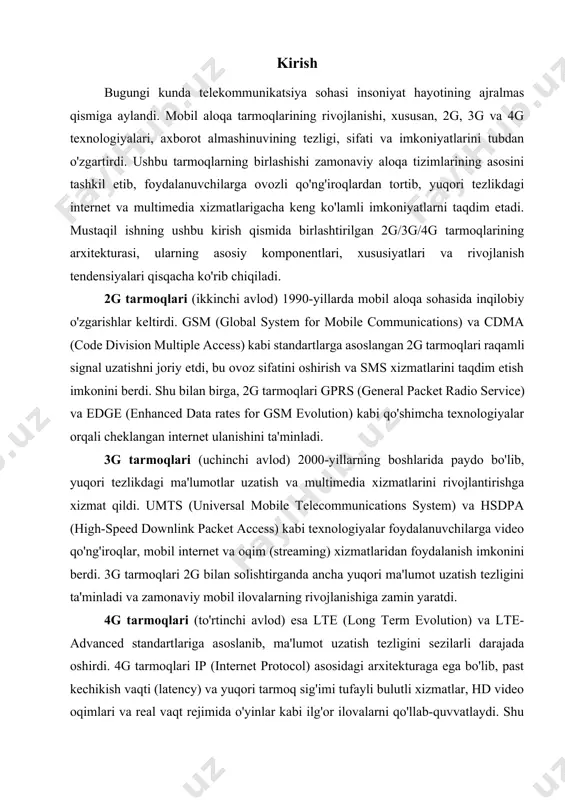 unishlari kutiladi. 2g (ikkinchi avlod) aloqa tarmoqlari arxitekturasi ikkinchi avlod (2g) mobil aloqa tarmoqlari 1990-yillarda analog 1g tarmoqlaridan raqamli texnologiyalarga o‘tishning muhim bosqichi sifatida paydo bo‘ldi. 2g tarmoqlari ovozli qo‘ng‘iroqlar sifatini oshirish, xavfsizlikni kuchaytirish va ma’lumot uzatish xizmatlarini joriy etish imkonini berdi. ushbu tarmoqlarning arxitekturasi asosan gsm (global system for mobile communications) va cdma (code division multiple access) standartlariga asoslanadi. quyida 2g tarmoqlarining arxitekturasi, asosiy komponentlari va funksiyalari haqida aniq va keng qamrovli ma’lumot berib o’taman 1. 2g tarmoqlarining umumiy ko‘rinishi 2g tarmoqlari analog signal uzatishdan raqamli signal uzatishga o‘tish orqali aloqa sohasida katta yutuqlarni ta’minladi. bu tarmoqlar quyidagi asosiy afzalliklarni taqdim etdi: · ovoz sifati: raqamli signal uzatish shovqinlarni kamaytirib, aniqroq ovoz uzatishni ta’minladi. · xavfsizlik: signalni shifrlash orqali maxfiylik darajasini oshirdi. · ma’lumot xizmatlari: sms (short message service) va cheklangan ma’lumot uzatish (masalan, gprs va edge orqali) imkoniyatlarini taqdim etdi. · samaradorlik: tarmoq resurslaridan samarali foydalanish va ko‘proq …