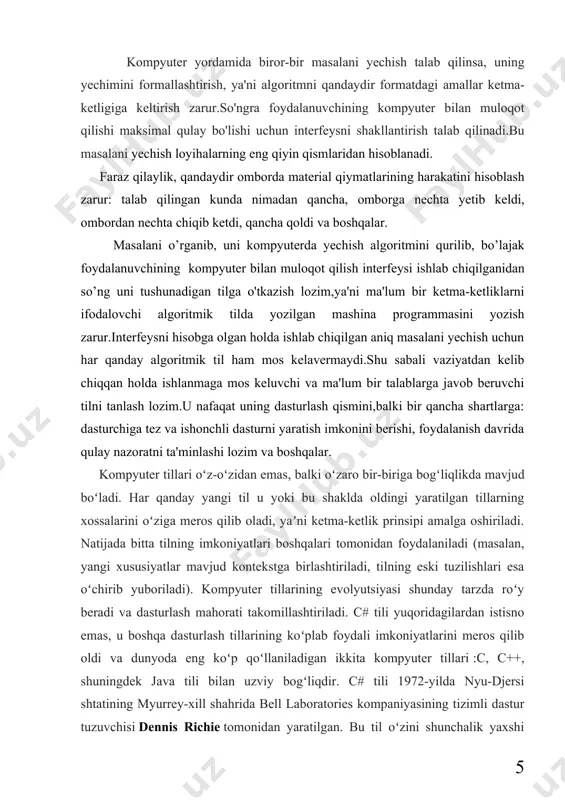 digan prinsiplar bilan inobatga olgan holda sintaksisdan foydalanishdagi qisqalik va osonlik kabi xususiyatlari tezda koʻplab tarafdorlarini topdi. bugungi kunda biz mazkur sifatlarni oʻz-oʻzidan anglashiladigan deb hisoblaymiz, lekin c da birinchi marotaba dastur tuzuvchiga zarur boʻlgan ajoyib yangi imkoniyatlar mujassamlashtirilgan. natijada 1980-yillardan boshlab c strukturaviy dasturlash tillari orasida eng koʻp foydalaniladiganlaridan biri boʻlib qoldi. biroq dasturlashning rivojlantirish choralariga koʻra bundanda kattaroq dasturlarni qayta ishlash muammosi kelib chiqmoqda. loyiha kodi maʼlum bir hajmga yetgan zahoti (uning raqamli ahamiyati dastur, dastur tuzuvchi, foydalanilgan instrumentlarga bogʻliq boʻladi, lekin taxminan 5000 satr kodlari nazarda tutilayapti) c-dasturlarini tushunish va kuzatib borishda qiyinchiliklar yuzaga keladi. c# tili 2000-yilda microsoft kompaniyasining anders heylsberg boshchiligidagi ishchi guruhi tomonidan ko’rib chiqilmoqda. anders heylsberg ibm oilasiga mansub komputerlar uchun birinchi kompilyatsiya dasturi dasturlash tillaridan biri turbo pascalni yaratgan dasturchi sifatida ko’pchilikka tanishtirildi. c # dasturlash tili c va c ++ ning keyingi avlodi hisoblansa-da, c # da yoziluvchi dasturlarning asosiy konstruktsiyasi …