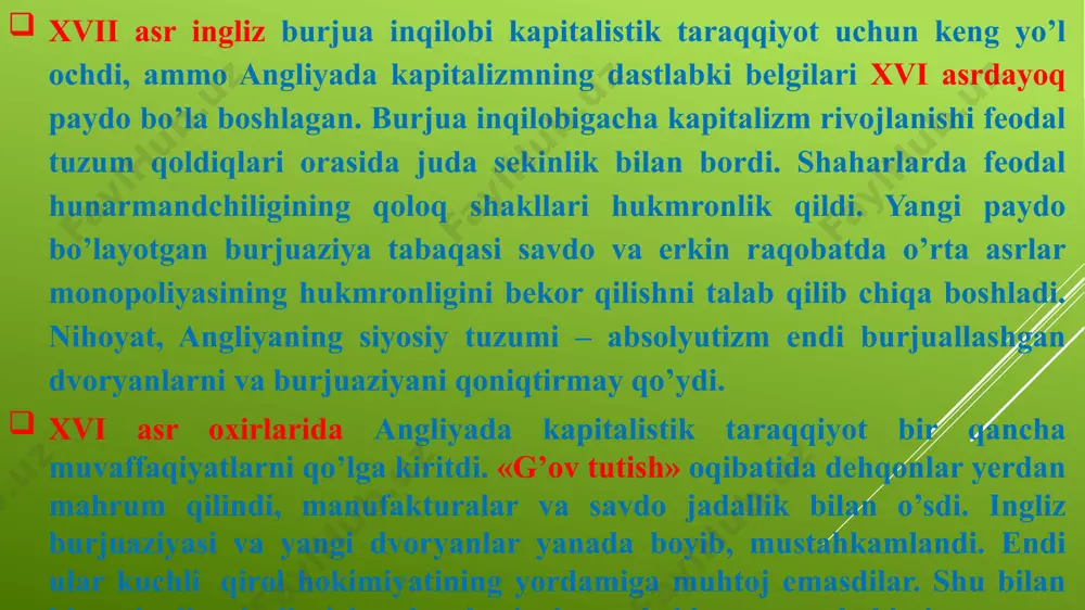 sabab bo’ldi. inqilobning boshlanishi va fuqarolar urushi 1637 yilda shotlandiyada xalq qo’zg’oloni ko’tarildi. qo’zg’olonni karl i ning ingliz absolyutizmi va ingliz cherkovini shotlandiyada joriy qilish, shuningdek shotlandiya parlamenti huquqlarini cheklashga bo’lgan urinishi keltirib chiqardi. katta harbiy kuchga ega bo’lgan shotlandiyaliklar angliyaning shimoliy qismini egallab oldilar. karl i ning ularga qarshi kurashish uchun na armiyasi va na mablag’i bor edi. shuning uchun u parlamentni chaqirishga majbur bo’ldi. 1640 aprelda 11 yillik tanaffusdan so’ng yana parlament chaqirildi. ammo bu parlament shotland isyonchilariga qarshi kurashish uchun qirolga pul bermadi va yana huquqlar to’g’risidagi iltimosnomada keltirilgan talablarni bajarilishini qaytardi. karl i bir necha hafta o’tgandan so’ng parlamentni tarqatib yubordi, shuning uchun u «qisqa parlament» deb nom oldi. shotlandiyada qo’zg’olon kengayib boraverdi. 1640 yil noyabrda yangi parlament chaqirildi. bu parlament oldingisidan ham qaysarroq chiqdi. shotlandiyaliklarning g’alabalaridan va qirolning qiyin ahvolidan foydalangan parlament uning oldiga o’z talablarini qat’iy qo’ydi. qirol parlamentni tarqatib yuborishdan qo’rqib, uning talablarini …