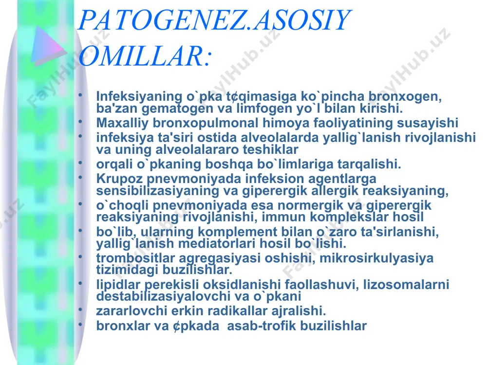 , o`pka surati kuchayishi, ba'zan parenximaning o`choqli infiltrasiyasi laborator tekshiruvlar leykositoz, aniq ifodalangan neytrofil siljishsiz, musbat serologik, reaksiya пневмонияни даволаш ka salxona ichidagi aerob «gr.-» tayokchalar+ st. aureus ps.aeruginosa + anaerobi 1. aminoglikozidlar (amikin 500 mg x 2 r. 5 dney) + ureidopenisillinlar (azlosillin) 2. sefalosporinlar iii sefobid 1-2g x 2r. 3. imipinem / silastin tienam 500 mg x 3 r. 4. monobaktamlar: aztreonam metronidazol 500 mg x 3-4 r. v/v yoki klindamisin 0,3-0,9 x 3 r. (dalasin s) prognoz jarayon o\g`irligi, etiotrop davoning vaqti va rasional tanlash bilan bog`liq o`tkazilgan og`ir pnemoniyadan keyin turli fizioterapevtik muolajalar, shifobaxsh nafas gimnastikasi, massajlar tarzidagi reabilitasion chora-tadbirlar tavsiya etiladi.