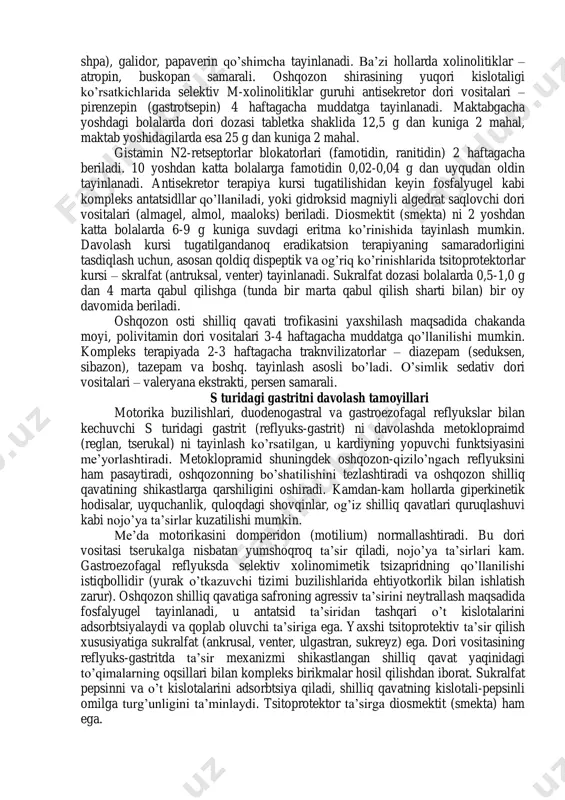 a ekanligi inobatga olinsa – sg tashxisini endoskopik va gistologik verifikatsiya qilish kerak va faqat shundan keyingina birga qo’shilib kelgan gastroenterologik, somatik va ruhiy somatik patologiyalarni inobatga olibgina terapiyani boshlash zarur. a turidagi gastritni davolash tamoyillari me’yorga yaqin oshqozon funktsiya qilish sharoitlarini yaratishga qaratilgan o’rnini bosuvchi terapiya, oshqozon shilliq qavati atrofik jarayonlarini kompensatsiyalash amalga oshiriladi. terapiyaning asosiy uslubi – davo ovqatlanishdir. qo’zish bosqichida oshqozon shilliq paradasini funktsional, mexaniq, termik va kimyoviy asrashni ta’minlovchi №1a parhezi va 5-6 martalik ovqatlanish tayinlanadi. ratsionda oshqozon shilliq paradasini qitiqlovchi ovqatlar (tuzlangan, dudlangan, seryog’ sho’rva, marinad, o’tkir ziravorlar, qovurilgan go’sht va baliq) bo’lmasligi kerak. bemorlar ko’pincha qaymog’i olinmagan sutni, uzum sharbatini, qaymoqni ko’tarolmasligi inobatga olinsa ularni ratsiondan chiqarib tashlash zarur. tuz, quyuq choy va qahva, ularning sun’iy turlarini iste’mol qilish cheklanadi. yallig’lanish bartaraf qilinishi bilan fundal bezlarni sekin asta oshib boruvchi funktsional stimulyatsiyasi ko’rsatilgan. bu maqsadda №2 yoki hatto №15 parhez tayinlanadi. bunda go’shtning va …