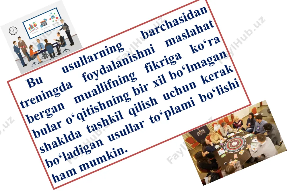 berilishi lozim bo‘lgan bilimlar va mavzuning qisqacha tarixi ta’limning rejalashtirilgan strukturasi nima uchun aynan shu trener ushbu guruh bilan mashg‘ulot olib borayapti? mashg‘ulot so‘ngida ishtirokchilar erishadigan natijalarning ularning manfaatlariga mosligi. guruhga murojaat etishning maqsadlari trening mavzusining dolzarbligi u nima uchun bu yerda? asosiy qism o‘z ichiga treningni asosiy jihatlarini qamrab oladi. ularning har biri ketma-ket muhokama etiladi. xulosada o‘tilgan mavzuning tahlili, mavzuning asosiy jihatlarini takrorlash, o‘tilgan mavzu bilan ishtirokchilarning keyingi faoliyatini bog‘lovchi natijalarni umumlashtiriladi. ma’ruza uchun material tanlash. materialning saralab tanlab olinishining qo‘shimcha afzalligi shuki, oson va qiziqarli material guruhni jonlantiradi. bu esa berilayotgan ma’lumotning o‘z “manzil”iga yetib borganidan dalolat beradi. odatiy gap-so‘zlar tez unutiladi, aksincha emotsiyalarga boy, mulohazaga undovchi so‘zlar uzoq vaqt davomida muhokamaning asosi bo‘lib qolaveradi va yana yangi g‘oyalarning paydo bo‘lishiga asos bo‘ladi. ma’ruzani bayon etish dinamikasi. ma’lumotni dinamik va dramatik bayon etish – aynan bir xil jarayon emas. salbiy emas, balki ijobiy jihatlarga urg‘u berish zarur. …