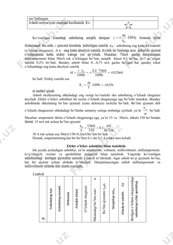 rmasining o’lchanadigan kattalik orttirmasiga nisbatiga asbobning sezgirligi deyiladi. masalan: di qiymatiga ega bo’lgan tok qo’zg’aluvchan qismini burchakka bursa, asbob sezgirligi   d d s  munosabatdan aniqlanadi. masalan: i=2,5a tokni o’lchashda strelka n=50 bo’limga surilsa, asbobning sezgirligi 20 5,2 50  i n s bo’lim/a. asbobning aniqlik klassi uning korpusiga yozib qo’yilgan 0,1; 0,2; 0,5; 1,0; 1,5; 2,5; raqamlar orqali belgilanadi. bu raqamlar strelkaning butun shkala bo’yicha maksimal og’ishida kuzatilgan xatolikning procentlaridagi ifodasidir. 1-jadval magnitoelektrik elektromagnit elektrodinamik tashqi magnit maydonidan himoyalangan asbob gorizontal holatda ishlaydi tashki elektr maydonidan himoyalangan asbob vertikal holatda ishlaydi aniqlik klassi 0,1 asbob o’zgarmas tokni o’lchash uchun mo’ljallangan asbob o’zgaruvchan tokni o’lchash uchun 1 2 3 4 5 6 3 2 2-rasm yassi g’altakli elektromagnit sistemadagi elektr o’lchov asbobning tuzilishi. 1-harakatlanuvchi o’zak, 2-g’altak, 3-qo’zg’al- mas o’zak. mo’ljallangan asbob izolyaciyasi sinalgan kuchlanish, kv. ko’rsatilgan klassdagi asbobning aniqlik darajasi 100   mx x  % formula …