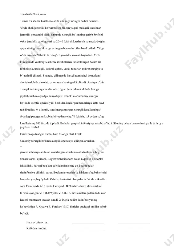 a 200-230 ta oshig'ich jarrohlik xizmati bajariladi. yirik klinikalarda va ilmiy-tekshiruv institutlarida ixtisoslashgan bo'lim lar (onkologik, urologik, ko'krak qafasi, yurak-tomirlar, mikroxirurgiya va b.) tashkil qilinadi. shunday qilinganda har xil guruhdagi bemorlami alohida-alohida davolab, qator asoratlarning oldi olinadi. ayniqsa o'tkir xirurgik infeksiyaga m ubtalo b o 'lg an bem orlam i alohida binoga joylashtirish m aqsadga m uvofiqdir. chunki ular umumiy xirurgik bo'limda aseptik operatsiyani boshidan kechirgan bemorlarga katta xavf tug'diradilar. m a’lumki, statsionarga tushgan xirurgik kasallarning 5 foizidagi patogen mikroblar bir oydan so'ng 70 foizida, 1,5 oydan so'ng kasallarining 100 foizida topiladi. bu holat gospital infeksiyaga sababb o 'lad i. shuning uchun bem orlarni p a la ta la rg a jo y lash tirish d i kasalxonaga tushgan vaqtni ham hisobga olish kerak. umumiy xirurgik bo'limda aseptik operatsiya qilinganlar uchun v e jarohat infeksiyalari bilan xastalanganlar uchun alohida-alohida bog‘lo\ xonasi tashkil qilinadi. bog'lov xonasida toza xalat, niqob va qoiqoplai …