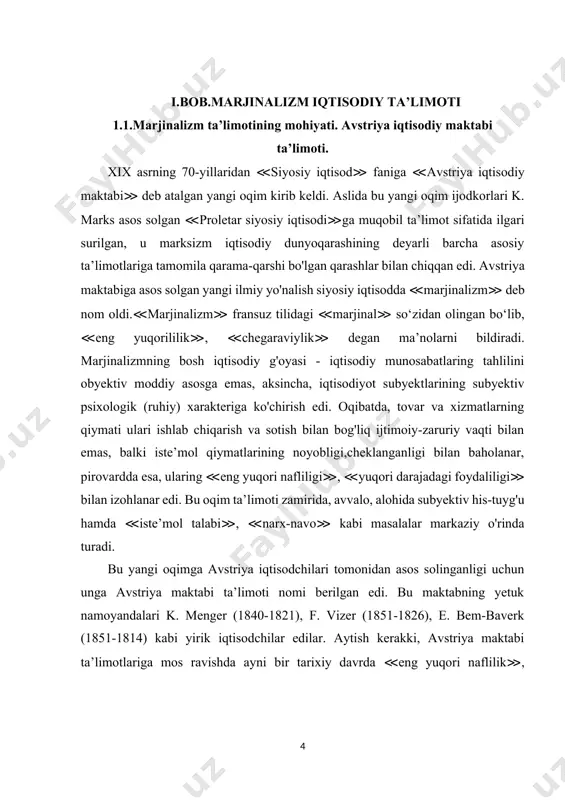 hilar edilar. aytish kerakki, avstriya maktabi ta’limotlariga mos ravishda ayni bir tarixiy davrda ≪eng yuqori naflilik≫, ≪yuqori foydalilik≫ nazariyalari bilan angliyalik nazariyotchi s.jevons, kembrij maktabi asoschisi a. marshall, amerikalik iqtisodchi j.b. klark siyosiy iqtisod olariga kirib keldilar. bu esa, tabiiyki, marjinalizm ta’limotining u yoki bu ilmiy masalalarda turlicha talqinlar, har xil izohlarbilan chiqishiga olib keldi.marjinalizmning mafkuraviy vazifalari doirasiga quyidagicha yondashuv xarakterli edi: 1) bozor iqtisodiga asoslangan yangi iqtisodiy munosabatlari abstraktlashtirish, ulari har qanday chuqur ziddiyatlardan holi deb qarash ya’ni bozor munosabatlari keltirib chiqaruvchi ziddiyatlari yashirish, xaspo'shlash; 2) ijtimoiy takror ishlab chiqarish jarayonidagi obyektiv inqirozlarni inkor etish; 3) bozor munosabatlarining iqtisodiy qonunlari harakatini ruhiy subyektivlik asnosida tushuntirish; 4) iqtisodiy munosabatlar tahlilini alohida olingan xo'jalik asnosida o'rganib, undan umumiy xulosalar chiqarishga urinish. biroq, e’tirof etish kerakki, bu ta’limot ma’lum tarixiy davrda kapitalistik bozor munosabatlarining rivojlanishiga nazariy asos bo'ldi, zero u bozori ideallashtirgan edi. siyosiy iqtisod faniga bir qancha iqtisodiy kategoriyalar, tushunchalar, iqtisodiy …