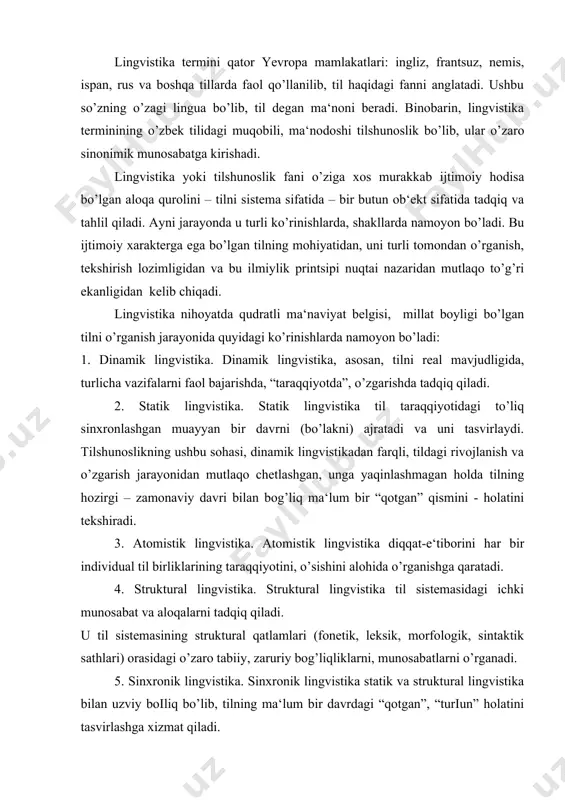 iy bog’liqliklarni, munosabatlarni o’rganadi. 5. sinxronik lingvistika. sinxronik lingvistika statik va struktural lingvistika bilan uzviy boіliq bo’lib, tilning ma‘lum bir davrdagi “qotgan”, “turіun” holatini tasvirlashga xizmat qiladi. 6. diaxronik lingvistika. diaxronik lingvistika dinamik va atomistik lingvistika bilan uzviy boіliq bo’lib, tilning taraqqiyot, til birliklarining esa rivojlanish qonuniyatlari hamda natijalarini o’rganadi. 7.intralingvistika (ichki lingvistika). ichki lingvistika til birliklarining sistem aloqasini, munosabatini ekstralingvistik faktorlarga bog’liq bo’lmagan holda o’rganadi. ichki lingvistikaning tadqiqot manbai bo’lib fonologiya, leksikologiya va grammatika hisoblanadi. 8. ekstralingvistika (tashqi lingvistika). tashqi lingvistika tilning taraqqiyoti va vazifasini ijtimoiy-siyosiy, ijtimoiy-tarixiy, etnik, jo’іrofiy kabi faktorlar bilan boіliq holda o’rganadi. shunga ko’ra ushbu lingvistika tilni ijtimoiy hodisa sifatida tekshiradi. 10. makrolingvistika. makrolingvistika tilni keng doirada, “katta hajmda” olib, uni statistik metodlar asosida tadqiq qiladi. aniqroіi, ushbu soha tilni statistik metodlar, statistik usullar orqali tahlil qiladi. 11. mikrolingvistika. mikrolingvistika til sistemasi tarkibidagi (strukturasidagi) aloqalar, o’zaro munosabatlar va qarama-qarshiliklarni o’rganadi. 12. paralingvistika. paralingvistika bevosita nutq faoliyati …