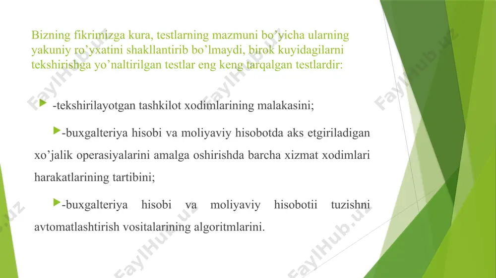 mini o’rganish (bayon qilish). auditor ichki nazorat tizimining ishonchliligini va tekshirish o’tkazishda unga tayanish mumkinligi haqida asosli qaror qabul qila olishi uchun bu tizimni o’rganadi. puxta tashkil etilgan ichki nazorat tizimi elementlari axborotlar ni to’plash tizimi mavjud xatolarni o’z vaqtida amaldagi mas’uliyat tizimi har qanday vazifani boshdan oxirigacha yakka o’zi amalga oshirishiga yo’l qo’ymaydi har qanday muomala larni muvofiqlashti rish tizimi mavjudligi inventariz atsiya muntazam ravishda o’tkaziladi buxgalte riya hisobotla ri va rejadan chetga chiqishlar tahlili qilinadi ichki nazorat tizimini baholashning asosiy maqsadi - auditni rejalashtirish, shuningdek auditorlik amallarining turlarini, o’tkazish vaqtini va hajmini aniqlash uchun puxta zamin yaratib, ularni auditorlik tekshiruvining dasturida aks ettirishdan iborat. faraz qilaylik, auditor tomonidan dastlabki auditorlik tekshiruvi dasturi tayyorlangan va u oldinda turgan ishlarning borishi to’g’risida ma’lum tasavvurga ega. ichki nazorat tizimi samaradorligiga ta’sir etuvchi omillar xizmat vazifala rining taqsiml an maga nligi xo’jalik muomal alari ning tekshir ilmas ligi va zarur nazorat ning …