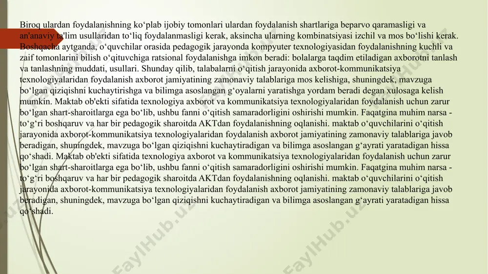 hli va zaif tomonlarini bilish o‘qituvchiga ratsional foydalanishga imkon beradi: bolalarga taqdim etiladigan axborotni tanlash va tanlashning muddati, usullari. shunday qilib, talabalarni o‘qitish jarayonida axborot-kommunikatsiya texnologiyalaridan foydalanish axborot jamiyatining zamonaviy talablariga mos kelishiga, shuningdek, mavzuga bo‘lgan qiziqishni kuchaytirishga va bilimga asoslangan g‘oyalarni yaratishga yordam beradi degan xulosaga kelish mumkin. maktab ob'ekti sifatida texnologiya axborot va kommunikatsiya texnologiyalaridan foydalanish uchun zarur bo‘lgan shart-sharoitlarga ega bo‘lib, ushbu fanni o‘qitish samaradorligini oshirishi mumkin. faqatgina muhim narsa - to‘g‘ri boshqaruv va har bir pedagogik sharoitda aktdan foydalanishning oqlanishi. maktab o‘quvchilarini o‘qitish jarayonida axborot-kommunikatsiya texnologiyalaridan foydalanish axborot jamiyatining zamonaviy talablariga javob beradigan, shuningdek, mavzuga bo‘lgan qiziqishni kuchaytiradigan va bilimga asoslangan g‘ayrati yaratadigan hissa qo‘shadi. maktab ob'ekti sifatida texnologiya axborot va kommunikatsiya texnologiyalaridan foydalanish uchun zarur bo‘lgan shart-sharoitlarga ega bo‘lib, ushbu fanni o‘qitish samaradorligini oshirishi mumkin. faqatgina muhim narsa - to‘g‘ri boshqaruv va har bir pedagogik sharoitda aktdan foydalanishning oqlanishi. maktab o‘quvchilarini o‘qitish jarayonida axborot-kommunikatsiya texnologiyalaridan …