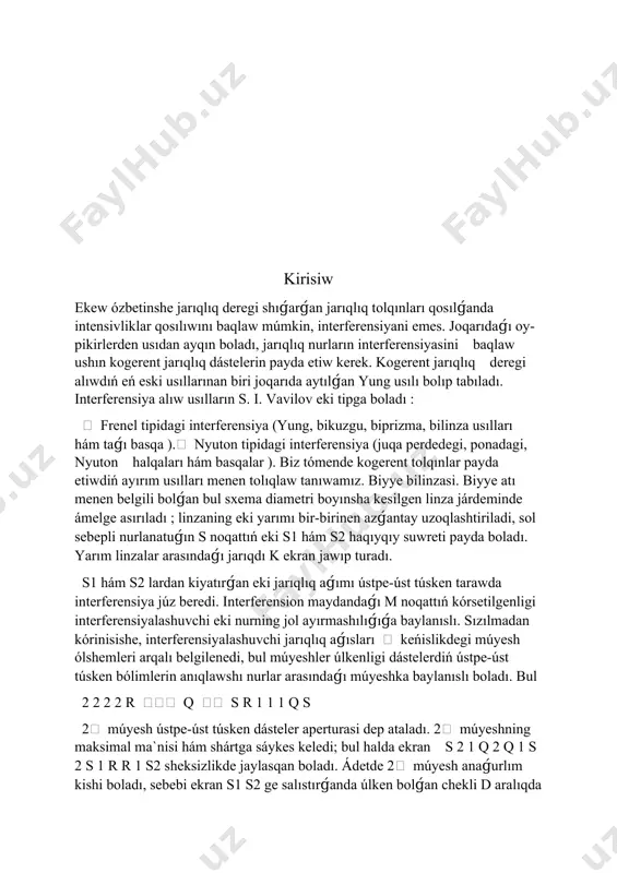 . 10 -súwret). aynalar arasındaǵı múyesh qansha kishi bolsa, s1 s2=2l aralıq sonsha kishilew hám, sonlıqtan, interferension tábiyat kórinisi sonsha irilew boladı. interferensiyalashuvchi dásteler ele bólekan ústpe-úst tushaoladigan maksimal keńislikdegi múyeshni s ' oc '1 s 2 v 2 1 s 2 v 1 s 1 s 2 o hám s 1 s 2 shártdan topiluvchi múyesh anıqlaydı. bunda ekran 2 2 2 c 2 c s c 1 1 1 c s jetkiliklishe uzaqta jaylasqan bolıwı kerek. qaytıw nızamlarına tiykarınan, 2=2, bul jerde - aynalar arasındaǵı múyesh. sonday etip, ústpe-úst tushuvchi dásteler aperturasi 2 den úlken bóle almaydı. chekli aralıqda jaylasqan ekran ushın 2 psp 2 2. interferensiya aperturasi da, yaǵnıy qaytqannan keyin talay uzaqtaǵı ekranning biror noqatıda dús keliwib, interferensiyalashuvchinurlar jupi arasındaǵı múyesh da 2 bahaǵa iye boladı. 2-suwretde s1 s2 den chekli aralıqda jaylasqan ekran maydanınıń oraylıq m noqatı ushın interferensiya aperturasi kórsetilgen. psp 2 2 1 …