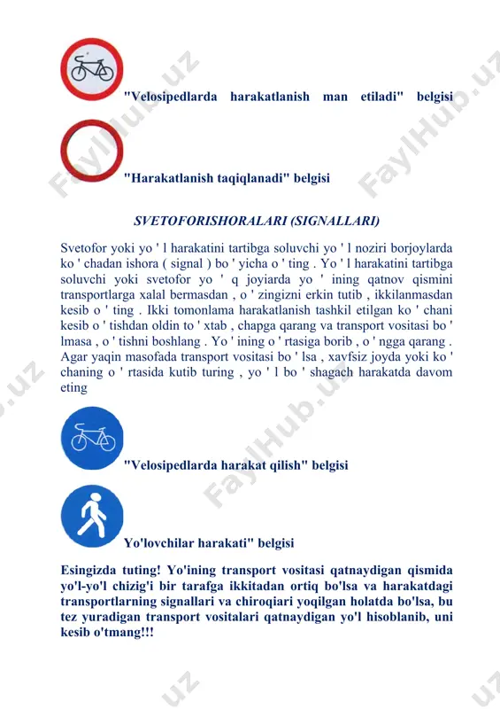 llangan derazalardan foydala- ning. yo'l-transport hodisasidan so'ng sarosimaga tushmasdan vaziyatni ko'zdan kechiring. u qaysi holatda ekanligini bilib, so'ng chiqishga harakat qiling. tramvay yoki trolleybus yo'l- transport hodisasiga uchraganda tramvay, trolleybus salonida sarosimaga tush​ masdan vaziyatni ko'zdan kechiring. u qaysi holatda ekanligini aniqiab, tutqichga tegib ketmaslikka harakat qilib sakrab tushing, chunki vagon elektr tokida bo'lishi murnkin. avariya hollarida avtobusdan chiqish: 1. eshik 2. shamollatish tuynuklari 3. halokatdan chiqish uchun mo'ljallangan derazalar metro metroga kiraverishda: aylanma g'ov (turniket) orqali bepul o'tishga urin- mang: bu xavfli (tabaqalarning zarb bilan urishi jarohatga olib kelishi mumkin). birinchi xavfli joy - aylanma g'ov eskalatorda: ogoh, xushmuomala va ehtiyotkor bo'ling. shovqin qilmang va ba- land ovozda so'zlash- mang. eskalatorda yugurmang, uning harakatiga qarshi turmang, tutqich hamda zinalarga buyumlarni qo'ymang va o'tirib olmang. eskalatordan tushayotganda to'xtab qolmang, tiqilinch holatni yuzaga keltirmang. tezlik oshib ketsa yoki eskalator yaroqsiz holatga kelsa, tezda boshqa eskalatorga o'tib oling. tangalar va boshqa mayda …