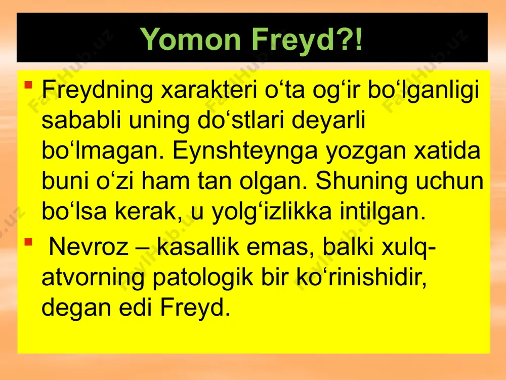 iklari “yilning eng yaxshi darsligi” sovriniga sazovor bo‘lgan. uning yirik asarlari “nevrologiya. umumiy amaliyot vrachlari uchun”, “epilepsiya va epileptik sindromlar”, 1998 yildan “”psixoanaliz” ta'limotini tibbiyot institutlarida o‘qitib boshlagan. bugungi kunda olim o‘zbekistonda “tibbiy psixologiya va psixosomatik tibbiyot”ni rivojlantirish ustida ish olib bormoqda. image2.png image3.jpeg image4.jpeg image5.png image6.jpeg image7.jpeg image8.jpeg image9.png image10.jpeg image11.jpeg image12.jpeg image13.jpeg image14.jpeg image15.jpeg image16.jpeg image17.jpeg image18.jpeg image1.jpeg