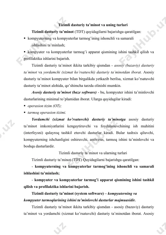 ida, qо’shimcha tarzda olinishi mumkin. endi kompyuterning dasturiy ta’minoti bilan tanishib chiqaylik. barcha dasturiy ta’minotlarni uchta kategoriya bо’yicha tasniflash mumkin: · tizimli dasturiy ta’minot; · amaliy dasturiy ta’minot; · dasturlash texnologiyasining uskunaviy vositalari. shunday qilib, tizimli dasturiy ta’minotni sxematik ravishda quyidagicha tasvirlash mumkin. operasion tizim (ot). kompyuter bilan ishga tushuvchi ushbu dastur kompyuterni va uning resurslarini (tezkor xotira, diskdagi о’rinlar va hokazo) boshqaradi, foydalanuvchi bilan muloqotni tashkil etadi, bajarish uchun boshqa dasturlarni (amaliy dasturlarni) ishga tushiradi. ot foydalanuvchi va amaliy dasturlar uchun kompyuter qurilmalari bilan qulay muloqotni (interfeysni) ta’minlaydi. hozirgi paytda dasturlash texnologiyasining uskunaviy vositalarini yaratish bilan bog’liq yo’nalish tez sur’atlar bilan rivojlanmokda. bunday uskunaviy vositalar dasturlar yaratish va sozlash uchun quvvatli va qulay vositalarni tashkil etadi. ularga dasturlar yaratish vositalari va case-texnologiyalar kiradi. dasturlar yaratish vositalari. ushbu vositalar dasturlar yaratishda ayrim ishlarniavtomatik ravishda bajarishni ta’minlovchi dasturiy tizimlarni о’z ichiga oladi. hozirgi paytda dasturlash texnologiyasining uskunaviy vositalarini yaratish bilan bog’liq …