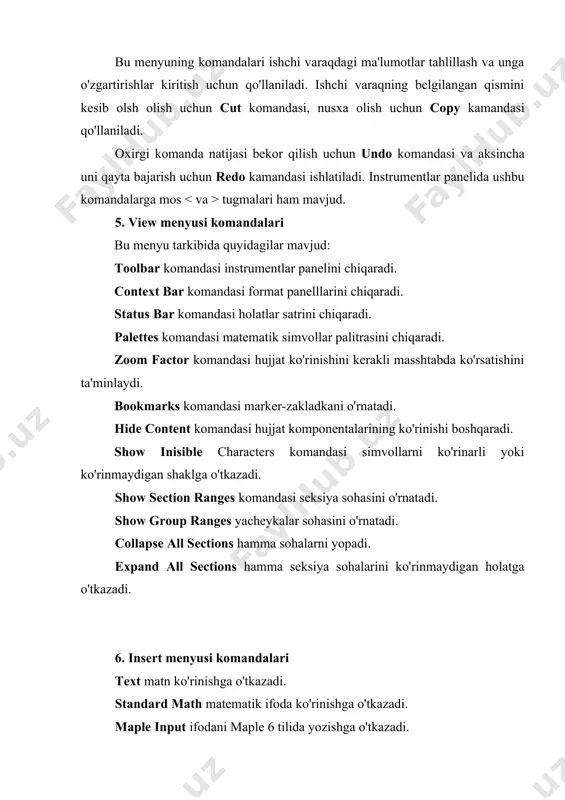 . bold simvollarni qalin qiladi. underline simvollarning ostiga chiziq qo'yadi. paragraph abzaslarni kerakli ko'rinishga o'tkazadi. character simfollarni kerakli ko'rinishga o'tkazadi. indent daraxt hosil qiladi. outdent daraxtni bekor qiladi. 8. options menyusi komandalari replace output chiqarish xarakterlarini o'rnatadi. insert mode kirishda qo'yish rejimini o'rnatadi. browser brouzerdan qidirish oynasini o'rnatadi. accept launches export hujjatni eksport ko'rinishga o'tkazadi. input display kiritish maydoniga ifoda ko'rinishga o'tkazadi. output display ifodaning natijasini chiqarish maydoniga chiqaradi. assumed variables plot display grafik rejimga o'tkazadi. display 2d-legends ikki o'lchamli grafik rejimga o'tkazadi. print quality chop etish sifatini belgilaydi. 9. window menyusi komandalari cascade oynalarni ketma-ket tartiblaydi. tile oynalarni kerakli sonda chiqaradi. horizontal oynani gorizontal ko'rinishga keltiradi. vertical oynani vertikal ko'rinishga keltiradi. arrange icons close all bir vaqtda ishlayotgan barcha hujjatlarni yopadi. close all help ma'lumotlar va yordamlarni yopadi. oxirida mavjud barcha hujjatlar ro'yxati chiqadi. 10. help menyusi komandalari ushbu menyudan kerakli barcha ma'lumotlarni olish mumkin. _1124869222.unknown _1124870433.unknown