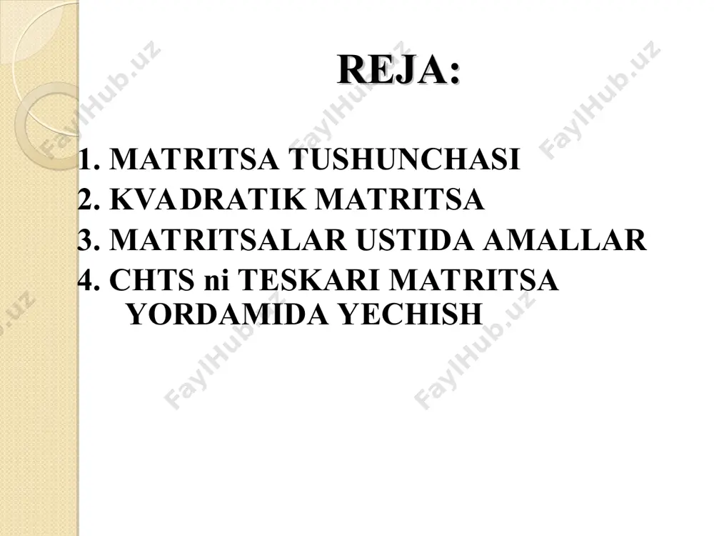 shartli pul birligi sarflanadi. foydalanilgan adabiyotlar * 1.claudio canuto, anta tabacco. mathematical analysis i, ii. springer-verlag, italia, milan, 2008. 2. peter v. o’neil. advanced engineering mathematics. 2010. 3. crowell and slesnick's. calculus with analytic geometry. 2008. 4. john bird. higher engineering mathematics. burlington, usa. 2006. 5. marcel b. finan. fundamentals of linear algebra. austin, texas. 2001. 6. fogel m. calculus. super rev. usa. 2004. 7.жураев т. ва бошқ. олий математика асослари. “ўзбекистон”, тошкент, 1994. 8.fayziboyev e., suleymenov z.i., xudoyorov b.a. oliy matematikadan misol va masalalar to‘plami. toshkent, “oʻqituvchi”, 2005. etiborlaringiz uchun rahmat! * chiziqli tenglamalar sistemasini matritsalar yordamida yechish. endi matritsalar yordamida chiziqli tenglamalar sistemasini yechishga o’tamiz.           nnnnnn nn nn bxaxaxa bxaxaxa bxaxaxa     2211 22222121 11212111 (12) n noma’lumli, n ta tenglamalar sistemasi berilgan bo’lsin.            …