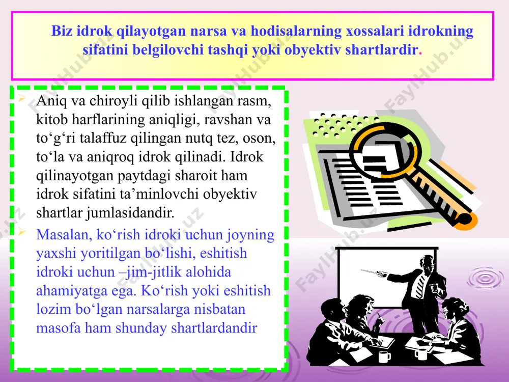 i shunda ekanki, har birining davomi obyektiv suratda bir xilda bo‘lgan vaqt bo‘lagini, ya’ni soat, daqiqa, soniya va hokazoni hamisha bir xilda sezavermas ekanmiz. ba’zan biz «bir soat bir yilga o‘xshab ketdi», ba’zan esa «uch soat ko‘z ochib yumguncha o‘tib ketdi», «bir kun bir daqiqaday o‘tib ketdi» deb gapiramiz. vaqtni tez yoki sekin o‘tayotgandek sezishimiz shu paytda siz kechirayotgan psixik jarayonlarga bog‘liq bo‘ladi , , 16 harakatni idrok qilish harakatni idrok qilish deb narsalarning fazoda o`rin almanishini idrok qilishga aytiladi. harakatni idrok kqilish xayotiy muxim ahamiyatga egadir. harakatni idrok qilishga imkon beradigan usullardan ikkinchisi ob’ektning harakatiga ko’z bilan qarab turishdir. bunda harakat qilayotgan ob’ektning tasviri ko’z tur pardasiga nisbatan bir oz harakatsiz bo`lib qoladi. biroq biz, shunday bo`lsa ham, ob’ektning harakatini ko`ramiz. , , 17  iilyuziya illyuziya deb atrofdagi narsa va hodisalarni noto`g`ri idrok qilishga aytiladi.  iilyuziya агар диккат билан расмнинг кора рангли шаклига карасак (энг аввал ана …