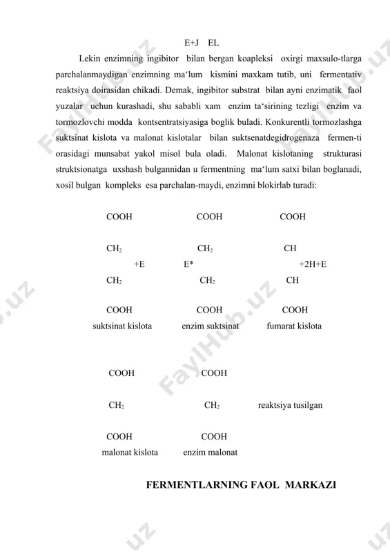 il bulishida substrat molekulasi bilan bevosita alokaga fermentning peptit zanjiri chegaralangan kismi-gina kirishi kerak. manashu munozaralar enzimologiyaning kelgusi rivojlanishida fermentning faol markazi xakidagi tushinchada mujasamlashadi. fermentativ faol markazi deb oksil ferment molekulasining substrat bilan birikishini va uning ximiyaviy uzga-rishining ta‘minlaydigan ma‘lum ksimlarga aytiladi. fermentning faol markazi funktsional tushincha bulsa xam, uni molekulasining uchlamchi strukturasi va umumiy molekulasining uchastkasini uning ximiyaviy tabiyatini belgilaydi. faol markaz kupincha ferment molekulasining yuzasida botik va tirkish kurinishidagi uchastkadir.faol markazini tashkil kilishda oksil molekulasi tarkibiga kiradigan aminokislotalarning ozgina kismigina katnashadi. ulaning ba‘zilari katalitik aktda ishtirok etsa, ba‘zilari birikishiga, substrat va kofermentni katalitik markaziga karati-shda muxim rol uynaydi.faol markazni tashkil topishida oksil molekulalarining bir kator gruppalari aloxida axamiyatga ega. ular katoriga erkin karboksil va amminogruppallar, gistidining imidazol gruppasi, serin va trioninning gidroksil grupalari, sulfgidril, disulfid va tiofir, triptofan va fenol gruppalari kiradi. bulardan gistidlarning imidazol gruppasi bir kator esterazolar, protezalar va ribonuklezaning ta‘siri uchun zarur ekanligi tasdiklangan. …