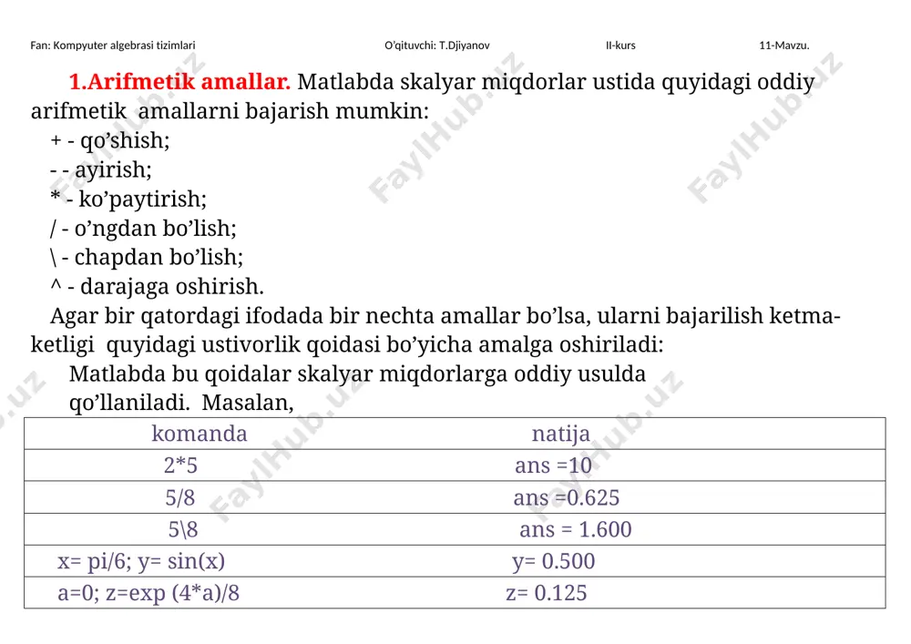 i matritsaning ustunlari soni o’ngdagi matritsaning qatorlari soniga tеng fan: kompyuter algebrasi tizimlari o’qituvchi: t.djiyanov ii-kurs 11-mavzu. bo’lishi kеrak: a ning o’lchovi (mxk) b niki (kxm) bo’lsa, u holda c=a+b matritsa (nxm) o’lchovli bo’ladi: 𝑘 𝑐𝑖𝑗= ∑ 𝑎𝑖𝑒 ∗ 𝑏𝑒𝑗 𝑒=1 , i=1,n , j=1,m. , b=[0 1 2 3 1 0 2 3 masalan: a=[1 2 0 3 2 2] bo’lsa, c=a*b quyidagicha bo’ladi. c=[2 1 6 9 3 0 6 9 2 2 8 12] agar skalyar miqdor matritsaga ko’paytirilayotgan bo’lsa, u matritsaning har bir elementiga ko’paytiriladi: d=3*b bo’lsa, d=[0 3 6 9 ga teng bo’ladi. 3 0 6 9] fan: kompyuter algebrasi tizimlari o’qituvchi: t.djiyanov ii-kurs 11-mavzu. misol: x=[2 1; 0 3; 2 3] , y=[1 2 3 4; 2 -1 3 1] matritsalarda x*y amalni qo’lda va kompyuterda bajarib, natijalarni solishtiring. undan tashqari, matlabda matritsalarni mos elementlari orasida bajariladigan quyidagi amallar mavjud. bu amallarni boshqalardan ajratish …