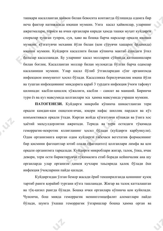 дан то 14 кунгача, кўпинча 2-3 кун давом этади. касаллик маҳаллий (тери) ёки тарқоқ (септик) шаклда учрайди. тери шакли куйдиргида 98-99% учрайди. кўпинча карбункулёз шакли учрайди, камдан-кам эдематоз, буллёзли ва эризипелоидли шаклларида учрайди. асосан терининг очиқ қисмлари зараланади. асосан касалликнинг карбункул шакли бошда, буғинда, оғизда ва бурун шиллиқ қаватларида оғир ўтади. одатда карбункул бир дона айрим ҳолларда эса 10-12гача бўлиши мумкин. касаллик қўзғатувчиси кирган жойда аввало доғ пайдо бўлади, сўнгра қизил тугинча ҳосил бўлади ва у тез орада пуфакчага айланади. пуфакчанинг ичида қонаралаш сероз суюқлик бўлади. сўнгра пуфакча ёрилади ва унинг ўрнида яра пайдо бўлади. бу яра тезда қотади, қурийди ва қўнғир рангли қўтир билан қопланади. бу оғриқ бермасдан аста-секин катталашиб боради. қора қўтир атрофида майда пуфакчалар пайдо бўлиб болалайди. бу куйдиргига хос бўлган белги. карбункула атрофида шиш пайдо бўлади. карбункулларнинг диаметри бир неча миллиметрдан 10 миллиметргача бўлиши мумкин. карбункулнинг пайдо бўлиш жойига қараб перефирик лимфа тугинлари ҳам ишади. юзда …