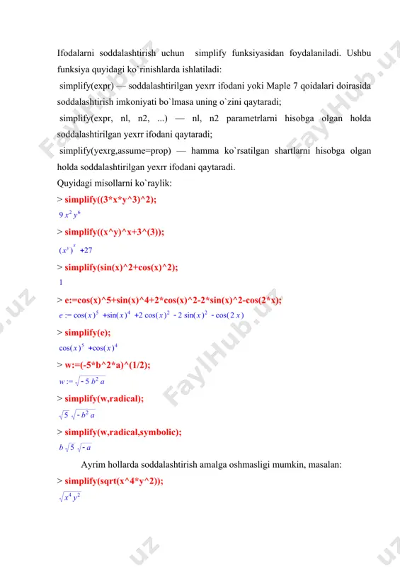 > simplify(sqrt(x^4*y^2)); bunday hollarda kerakli aniqliklarni kiritib soddalashtirishga erishish mumkin > simplify(sqrt(x^4*y^2),assume=real); > simplify(sqrt(x^4*y^2),assume=positive); bu yerda o`zgaruvchilar birinchi holda real deb, ikkinchi holda musbat deb aniqlashtirildi. simvolli amallarni dasturlashni f(x)=0 ko`rinishidagi chiziqsiz tenglamalarni npyutonning iteratsiyalar usuli bilan yechish misolida ko`raylik. maolumki npyuton usuli quyidagi formulaga asosan iteratsion hisoblashlarga asoslangan: xi+1=x1+f(x1)/f`(x1). uni simvolli ko`rinishda dasturlaymiz: > ni := proc( f,x ) description "chiziqsiz tenglamalarni yechish"; local i; > i:=x-f/diff(f,x); > unapply(i,x) end; > print( ni ); bu yerda iteratsion formulani analitik ko`rinishda olish uchun unapply funksiyasi ishlatilgan. endi yechilishi zarur bo`lgan ifoda berilsa yechimning analitik ifodasini olish mumkin: > f:=sin(x)^2-0.5; > t:=ni(f,x); so`ngra x uchun boshlanich yaqinlashishni x=x0 ko`rinishida berib qator iteratsiyalar uchun hisoblash natijalarini olish mumkin: > x0:=0.2; > to 8 do x0:=t(x0);od; bu misoldan boshlanich sakrashlardan keyin tezlik bilan aniq yechimga yaqinlashilganligini ko`rish mumkin. ushbu usul yordamida tenglamaning faqat bitta ildizini topish mumkin. boshqa ildizlar boshlanich shartni o`zgartirish yo`li …
