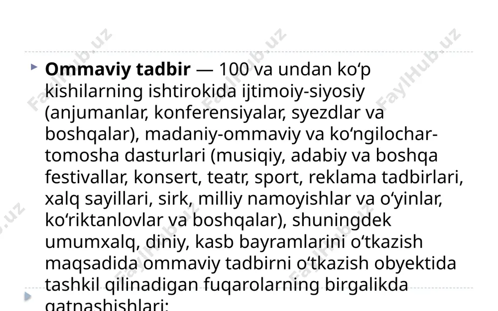 m. ilk bor 18-asr boshlarida buyuk britaniyada yuzaga kelgan. 20-asrdan xalqlararo keng tarqalgan. festivallar 2 ga bo’linadi :milliy va xalqaro festivallardan iborat. festivalning o’ziga xos xususiyati belgilangan sanada kalendar bo’yicha, o’rnatilgan fazoviy ramkalarda: teatr yoki konsert maydonida o’tkaziladi. festivallarning tasniflanishi: o’tkazish joyiga va vaqtiga qarab: mavsumiy, yopiq joylarda, ochiq joylardagi festivallar. tadbirlar miqyosiga qarab; shahar joylarida, mintaqada, xalqaro darajada. kelib chiqishi usuliga qarab: etnik va tarixiy festivallar. taqdim etilayotgan mavzusiga qarab: san’at festivallari, ijodkorlik festivallari. tarixiy festivallar. gastronomik festivallar animatsiya dasturi - bu umumiy maqsad yoki reja bilan birlashtirilgan turistik, sport-sog'lomlashtirish, madaniy, ma'rifiy va havaskorlik tadbirlarini o'tkazish rejasi. animatsiya dasturlarini yaratishning texnologik jarayoni: faoliyat ob'ekti-xizmat ko‘rsatilayotgan turistlar, aholi (guruhlar va shaxslar); faoliyat sub'eykti-animatsiya xizmati rahbari, mutaxassisi; hatti-harakatlar-sub’ektning ob’ektga ta’sir etish jarayoni. faoliyat obyekti – xizmat ko‘rsatilayotgan turistlar, aholi (guruhlar va shaxslar); faoliyat subyekti – animatsiya xizmati rahbari, mutaxassisi; animatsiya faoliyatining o‘zi barcha tarkibiy qismlari bilan – sub’ektning ob’ektga ta’sir etish …