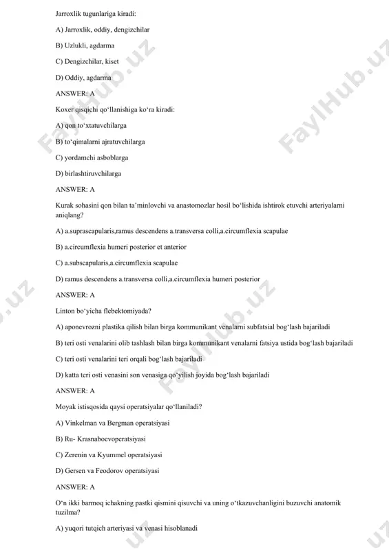 qirrasi answer: a palliativ operatsiya bu operatsiya: a) vaqtinchalik engillashtiruvchi b) zudlik bilan bajarilish lozim bo‘lgan c) tashxisni oydinlashtirish uchun qilinadigan d) qisqa vaqtga kechiktirish mumkin bo‘lgan answer: a perikard punksiyasida igna kiritiladi: a) oldingi pastki sinusga b) ko‘ndalang sinusga c) qiyshiq sinusga d) qovurg‘a ko‘ks oralig‘i sinusiga answer: a pirogov bo‘yicha suyak plastik amputatsiyasida suyak cho‘ltog‘i? a) tovon suyagi bilan yopiladi b) tizza qopqog‘i bilan yopiladi c) talus bilan yopiladi d) tuberositas tibiae bilan yopiladi answer: a prostata bezi parenximasi orqali o‘tadi? a) siydik chiqaruv kanali b) ureter c) ichki yonbosh arteriyasi d) tashqi yonbosh arteriyasi answer: a pti uchburchagining tomonlarini nimalar xosil qilishini ayting? a) m.obliqus externus abdominis, m.latissimus dorsi, crista iliaca b) crista iliaca, crista pubica, tuber ishii c) m.obliqus internus abdominis, crista iliaca, os pubis d) m.transversus abdominis, crista iliaca et pubis answer: a qanday arteriya va nerv to‘rt tomonli teshikdan o‘tadi? a) a.circumflexa humeri posterior …