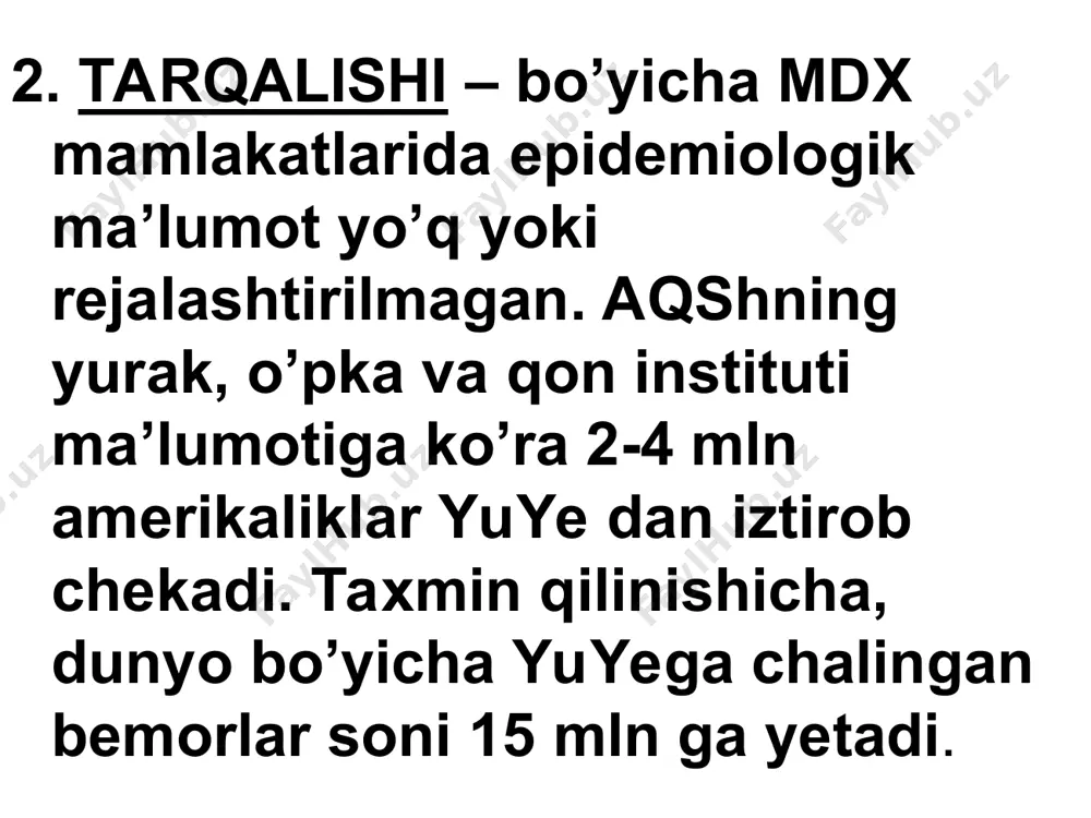 ri tavsiya qilingan yuyening funksional klassifikasiyasidan foydalaniladi. u yuyening klinik belgilarini fizik yuklama hajmi bilan solishtirish (qiyoslash) orqali yuzaga kelishiga asoslangan. turli guruh pasientlarining yoki biror kasalni dinamikada, hamda davo o’tkazilganda qiyoslash uchun qulaylik beradi. bunda bemorning xolati funksional sinf (klass)larga bo’linadi nyha bo’yicha tasnif: i fs – fizik faollik chegaralanmagan: odamdagi (kundalik) fizik yuklama behollik, charchash, hansirash yoki yurak urishini chaqirmaydi (simptomsiz chap qorincha disfunksiyasi). ii fs – fizik faollik o’rtacha chegaralangan. tinch xolatda bemorda hech qanday patologik simptomlar namoyon bo’lmaydi. insondagi fizik faollik: charchash, yurak urishi, hansirash yoki og’riqni yuzaga keltiradi nyha bo’yicha tasnif: iii fs – fizik faollik yaqqol chegaralanadi: garchi pasient tinch xolatda o’zini yaxshi his qilsada, oz miqdordagi fizik zo’riqish yuye ning klinik belgilarini yuzaga keltiradi. iv fs – har qanday fizik faollik diskomfort belgilarini yuzaga keltiradi: yuye belgilari tinch xolatda ham sodir bo’ladi va arzimagan kichik fizik faollikda ular kuchayadi. a. o’tkir yurak yetishmovchiligi …