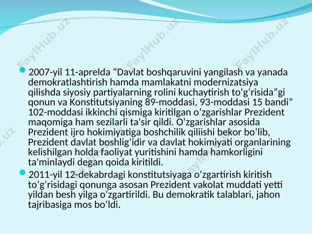 ingan siyosiy partiyalar ega. foydalanilgan adabiyotlar: 1. allan ides christopher n. may constitutional law - individual rights. fifth edition 2012. 2. o’zbekiston respublikasining konstitutsiyasi t. “o’zbekiston” 2019 3. o‘zbekiston respublikasining “jismoniy va yuridik shaxslarning murojaatlari to‘g‘risida”gi o‘rq–378-son qonuni // 3.12.2014 y. // o‘zbekiston respublikasi qonun hujjatlari to‘plami, 2014 y., 49-son o‘zbekiston respublikasining “o‘zbekiston respublikasining referendumi to‘g‘risida”gi (yangi tahriri) 265-ii-son qonuni 30.08.2001 y. o‘zbekiston respublikasining “o‘zbekiston respublikasi prezidenti saylovi to‘g‘risida”gi qonuni// o‘zbekiston respublikasi oliy kengashining axborotnomasi, 1992 y b.t. musayev, k.r. aliyeva, b.narimanov “o’zbekiston respublikasining konstitutsiyaviy huquqi” darslik. t. 2019 a. azizxo‘jayev va boshq. o‘zbekiston respublikasining konstitutsiyasiga sharh. t., «o‘zbekiston», 2008. o.t.husanov konstitutsiyaviy huquq atamalari. t.,«sharq», 2015 o.t.husanov “konstitutsiyaviy huquq” t.”ilm-ziyo” 2017 elektron ta’lim resurslari http://www.lex.uz http://www.gov.uz http://www. ziyonet.uz