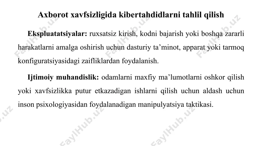 texnik tahdidlar texnik tahdidlar turli shakllarda boʻladi, jumladan: zararli dastur: viruslar, qurtlar, troyanlar va toʻlov dasturlarini oʻz ichiga olgan zararli dastur, ma’lumotlarni buzish, ishlashni buzish yoki ruxsatsiz kirish uchun tizimlarni yuqtiradi. nolinchi kunlik zaifliklar: sotuvchilar tuzatish yoki yangilashlarni chiqarishdan oldin tajovuzkorlar foydalanadigan dasturiy ta’minot, apparat yoki tizimlardagi ilgari noma’lum zaifliklar. ma’lumotlarning sizib chiqishi: maxfiy ma’lumotlarga ruxsatsiz kirish, koʻpincha shaxsiy, moliyaviy yoki maxfiy ma’lumotlarni oʻgʻirlash bilan bogʻliq. texnik tahdidlar texnik tahdidlar turli shakllarda boʻladi, jumladan: xizmat koʻrsatishni rad etish (dos) va kengaytirilgan xizmat koʻrsatishni rad etish (ddos) hujumlari: haddan tashqari yuklangan tizimlar, tarmoqlar yoki veb-saytlarni haddan tashqari yuklaydi, ularga kirish imkoni boʻlmaydi yoki ularning normal ishlashini buzadi. tasodifiy yuklab olish: buzilgan veb-saytga tashrif buyurgan foydalanuvchi qurilmasiga zararli dasturlarni tasodifiy yuklab olish. sql in’ektsiyasi va saytlararo skript (xss): zararli skriptlarni bajarish yoki foydalanuvchi ma’lumotlari yoki tizim xavfsizligini buzishi mumkin boʻlgan veb-saytlarga zararli kodlarni kiritish uchun veb-ilovalardagi zaifliklardan foydalanish. texnik tahdidlar texnik tahdidlar …