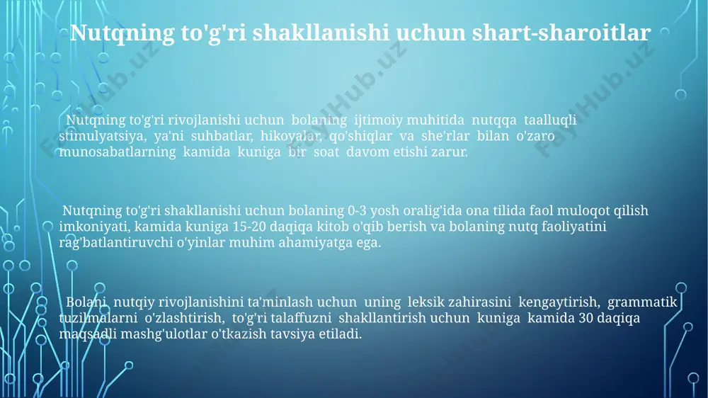 'rsatadi. nutqni rivojlantirish bo'yicha amaliy tavsiyalar nutqni rivojlantirishda rasmlar, kartalar va boshqa ko'rgazmali qurollardan foydalaning. 3-5 yoshli bolalar uchun bu usul yangi so'zlarni o'rganishda juda samarali hisoblanadi. bolangiz bilan birgalikda turli xil hikoyalarni o'ylab toping va ularni baland ovozda aytib bering. bu uning ixtiyoriy e'tiborini va xotirasini rivojlantiradi, so'z boyligini oshiradi. bolaning nutqini rivojlantirish uchun kuniga kamida 15-20 daqiqa o'yinlar, she'rlar o'qish va suhbatlarga vaqt ajrating, bu leksik zahirani boyitadi va grammatik tuzilmalarni o'zlashtirishga yordam beradi. e'tiboringiz uchun rahmat @taqdimot_robot image1.png image2.png image3.png image4.png image5.png