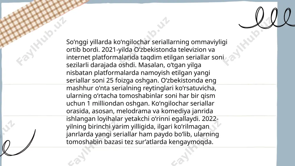 si 70% ni tashkil etib, ularning aksariyati zamonaviy va innovatsion kontentni xush ko'radi. internet foydalanuvchilarining 65% faqat milliy bloglar va vloglarni kuzatishni afzal bilgan. televideniya koʻngilochar sanoat sifatida axatova zarnigor e'tiboringiz uchun raxmat! image1.png image2.png image3.png image4.jpeg image5.png image6.jpeg /docprops/thumbnail.jpeg