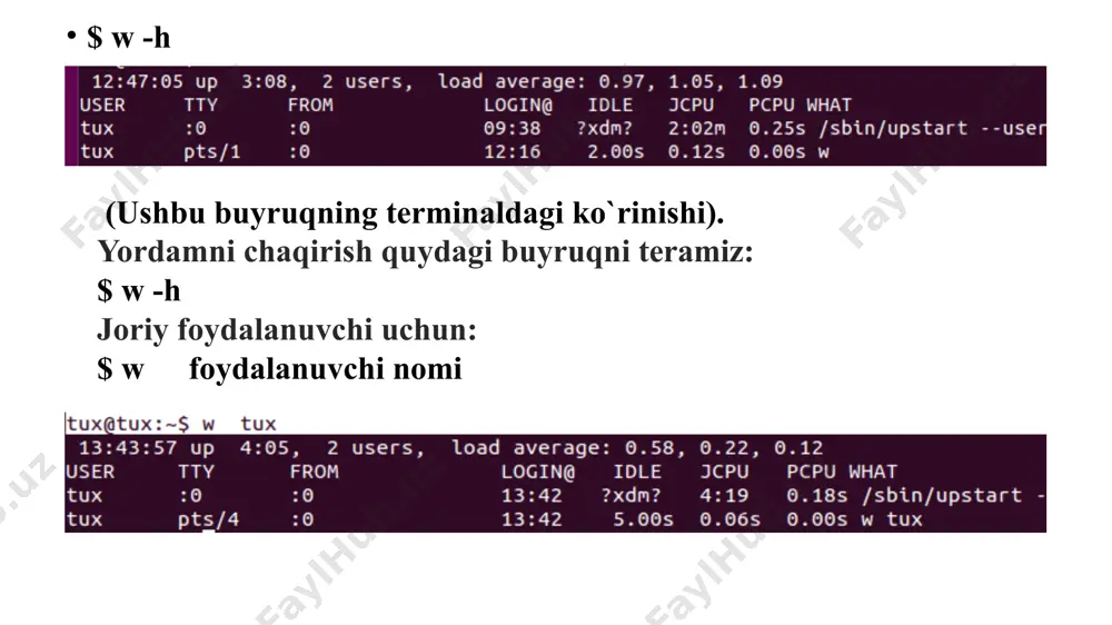 ar, masalan, kernel) /dev, /proc, /sys – 0 b (bu kataloglar maxsus tizim kataloglari bo‘lib, doimiy fayllarni o‘z ichiga olmaydi, real vaqtda tizim resurslarini boshqarish uchun ishlatiladi) /tmp – 352.0 kib (vaqtinchalik fayllar) saralash uchun n tugmani bosing va alfavit shaklida shakillanadi yoki s tugmani bosing va fayllar hajm bo`yicha saralanadi. slurm bu dastur linux operatsion tizimida signallarini nazorat qiladi va tarmoq kartalarini nazorat qiladi. dastur grafikani chiza oladi asci simvollari orqali. ubuntu da ushbu buyruq orqali o`rnatish mumkin: $ apt-get install slurm misollar: $ slurm -i interfeys $ slurm -i eth1 linux tarmoq monitoring vositasi (masalan, bmon yoki nload) yordamida olingan tarmoq faolligi statistikalarini ko‘rsatadi. asosiy ma’lumotlar: faol interfeys (active interface): eth1 – bu hozirda ishlayotgan tarmoq interfeysidir. interfeys tezligi (interface speed): unknown – tizim interfeys tezligini aniqlay olmagan. qabul qilingan ma’lumotlar (rx - receive) hozirgi tezlik: 28.86 kb/s grafikdagi eng yuqori tezlik: 59.46 kb/s umumiy eng yuqori tezlik: …