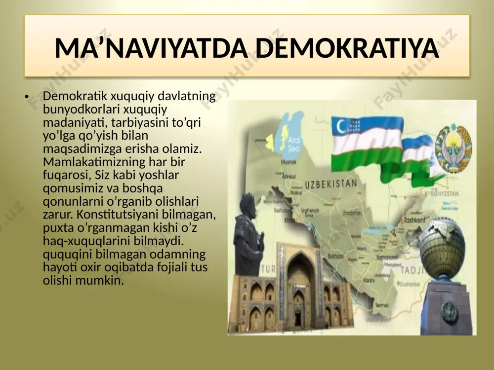 ’lishidan xabarim yo’q edi» -dеb ko’zini miltillatib, advokatdan najot kutib turadilar. shuni yaxshi anglashimiz kеrakki, qonunni bilmaslik hеch qachon aybni еngillashtirmaydi. biz qonunga mеnsimaslik bilan qarasak, uni o’rganmasak, hurmat qilmasak shunday noqulay ahvolga tushib qolamiz. qonunni bilish, hurmat qilish jinoyatdan, jinoiy olamdan yiroq yurishning birdan-bir yo’lidir. qonunga hurmat inson madaniyati va ma'naviyati bo’lib qolganda, bunday jamiyatni boshqarish ham, adolatni qaror toptirish ham oson bo’ladi. mana shuning uchun ham huquqiy savodxonlikni yuqori darajaga ko’tarish tarbiya borasidagi asosiy ishlarimizdan biri bo’lib qolmoqi kеrak. ququqiy madaniyatni, savodxonlikni rivojlantirmay turib qonunni mеnsimaydigan buzqinchilar, o’qri va yulqichlar, tovlamachilar, laganbardorlar, axloq-odobsizliklar, qo’rqoqlar, qotilliklar kabi salbiy holatlarning oldini olish, tugatish anchayin mushkul ish. bunday qonunbuzarlardan avvalo odamlarni, jamiyatni himoya qilish zarur. yurtboshimiz islom karimov so’zlari bilan aytganda: «...davlat davlatligini qilmoqchi bo’lsa, fuqaroni o’z panohiga olishi zarur... boshqacha aytganda, davlat har bir fuqarosini himoya etishi, unga huquqiy yordam bеrishi kеrak. qonun oldida barcha barobar. mamlakat qonunlariga ja'mi fuqaro …
